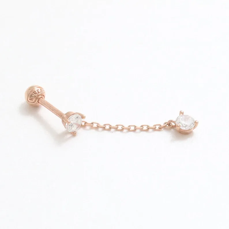 14K 18K Solid Gold 0.10ct Genuine Diamond Chain Drop Dangling Ear Stud Cartilage Tragus Helix Piercing