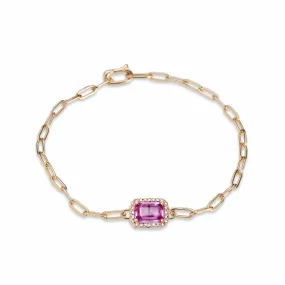 14K Gold Pink Sapphire and Diamond Paper Clip Chain Bracelet