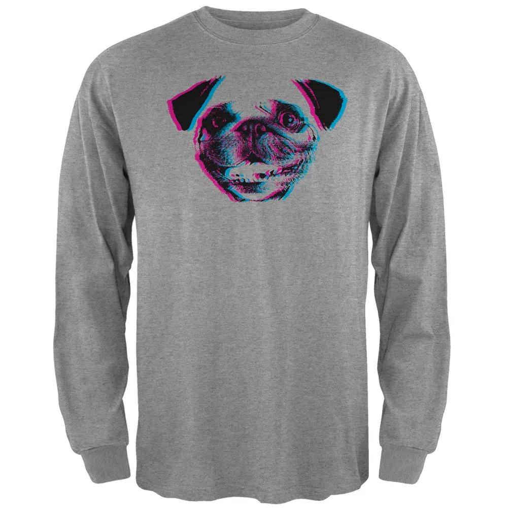 3D Pug Face Grey Adult Long Sleeve T-Shirt