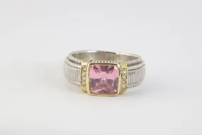 925 Silver & 18k Yellow Gold Pink Stone 0.08tcw Diamond Ring Size 9.75 (0.50tcw)