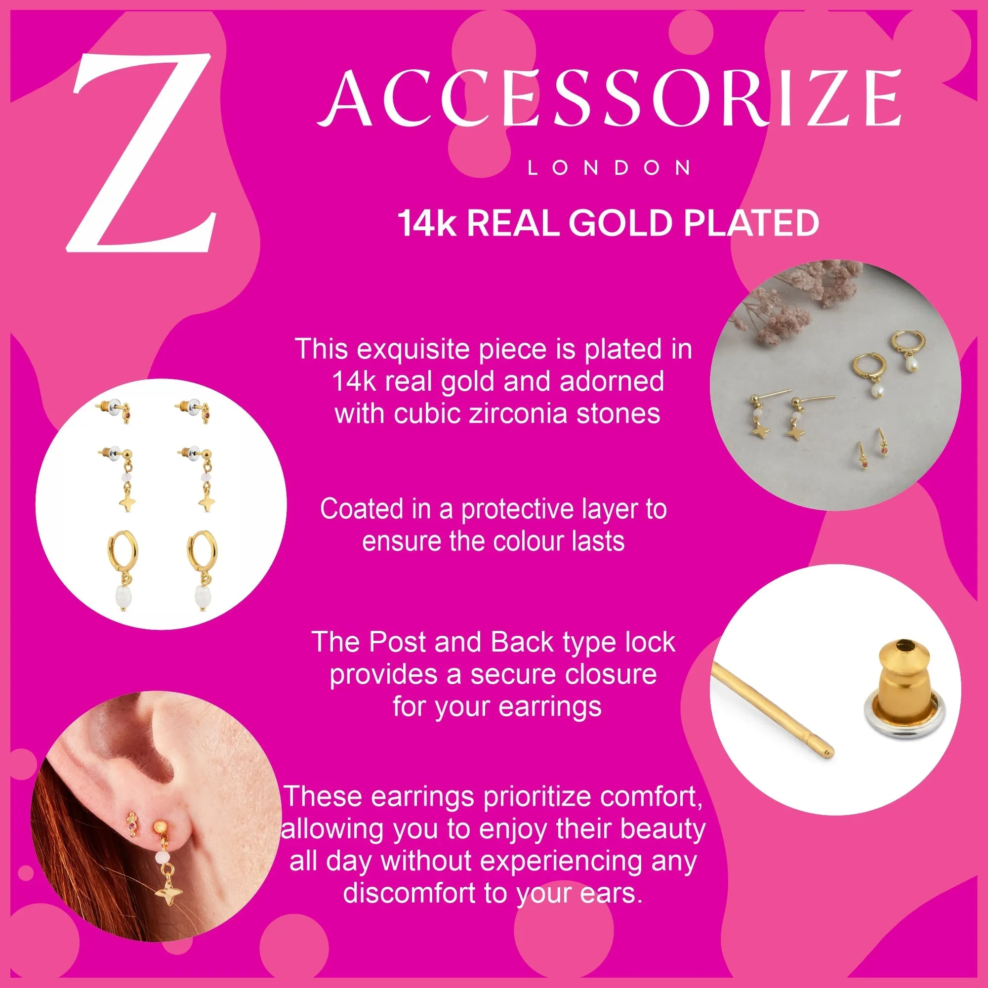 Accessorize London Women's Z Real Gold-Plated Cubic Zirconia Pearl Earrings Pack Of Three