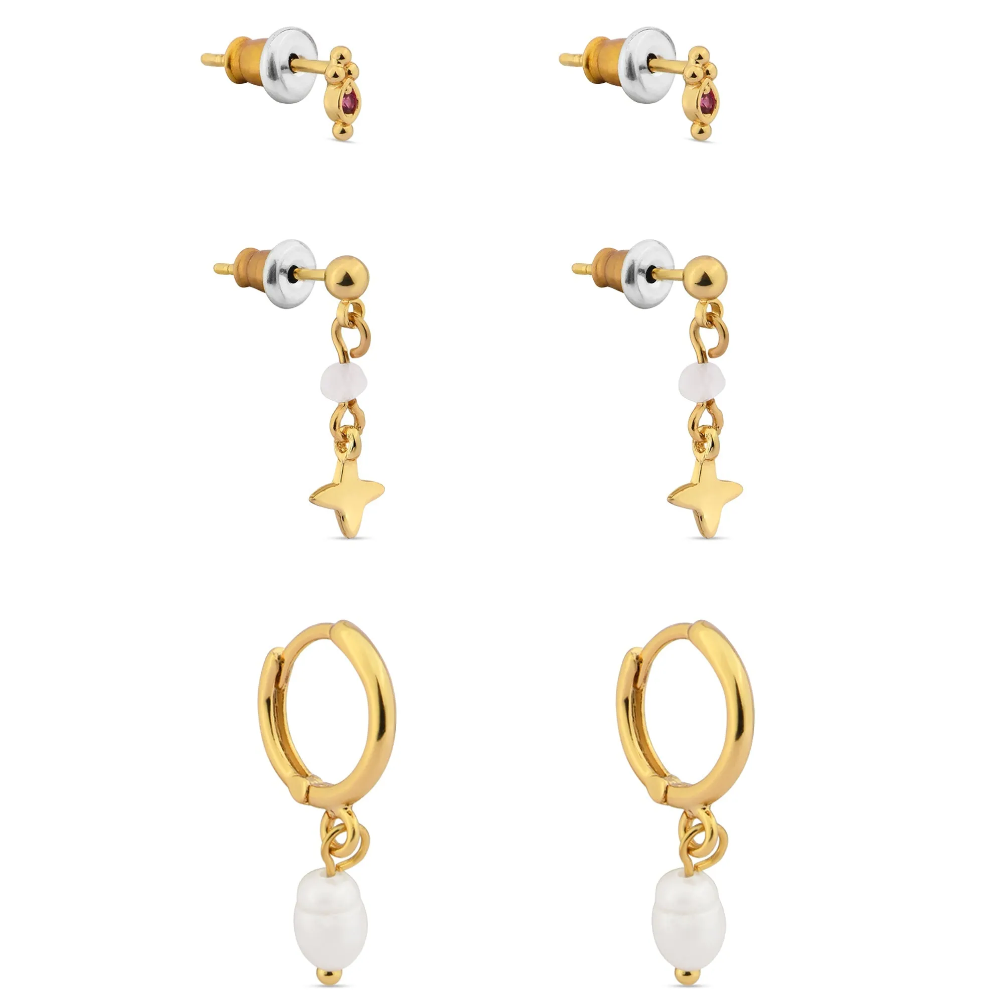 Accessorize London Women's Z Real Gold-Plated Cubic Zirconia Pearl Earrings Pack Of Three