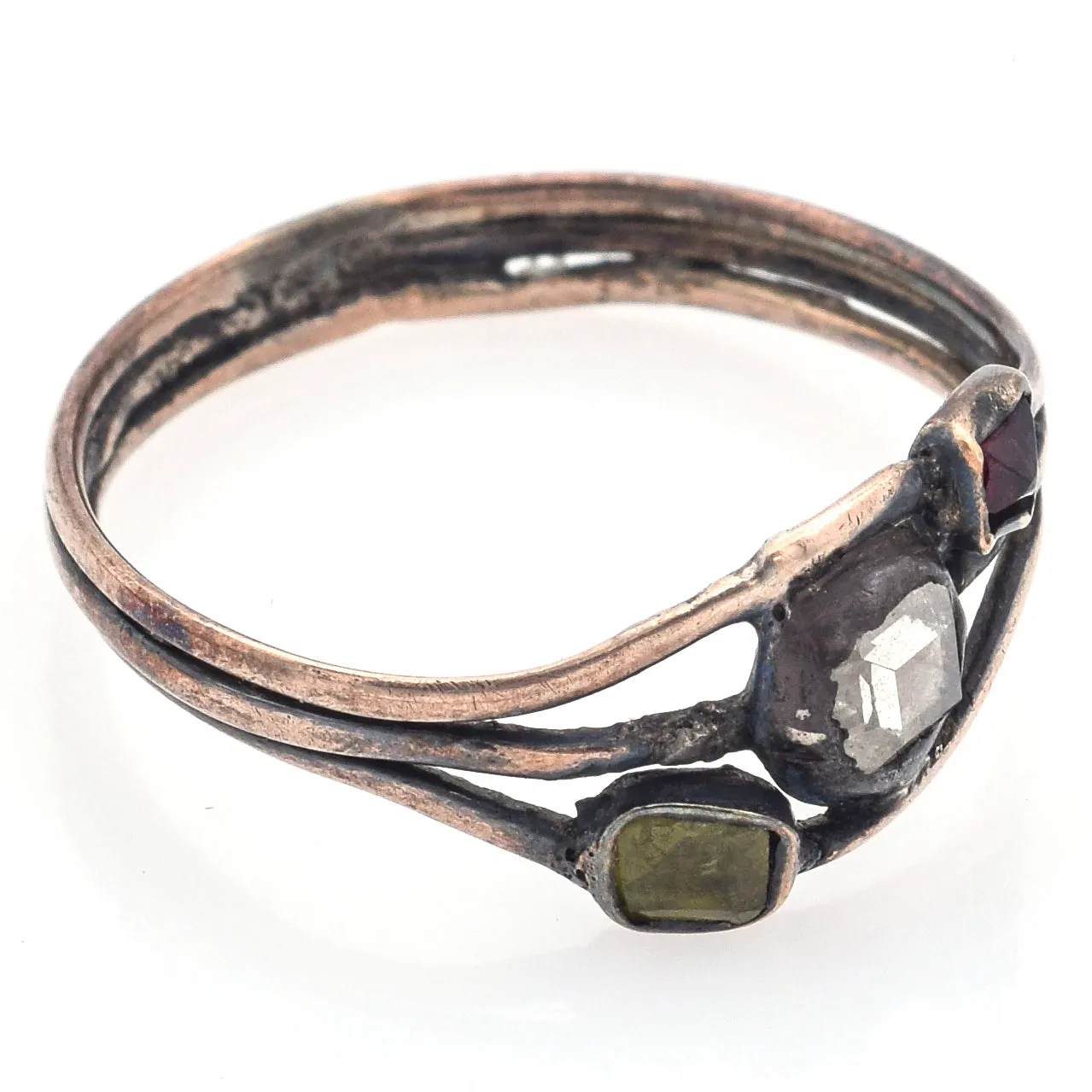 Antique 10K Yellow Gold Diamond, Peridot & Garnet Band Ring Size 6.5