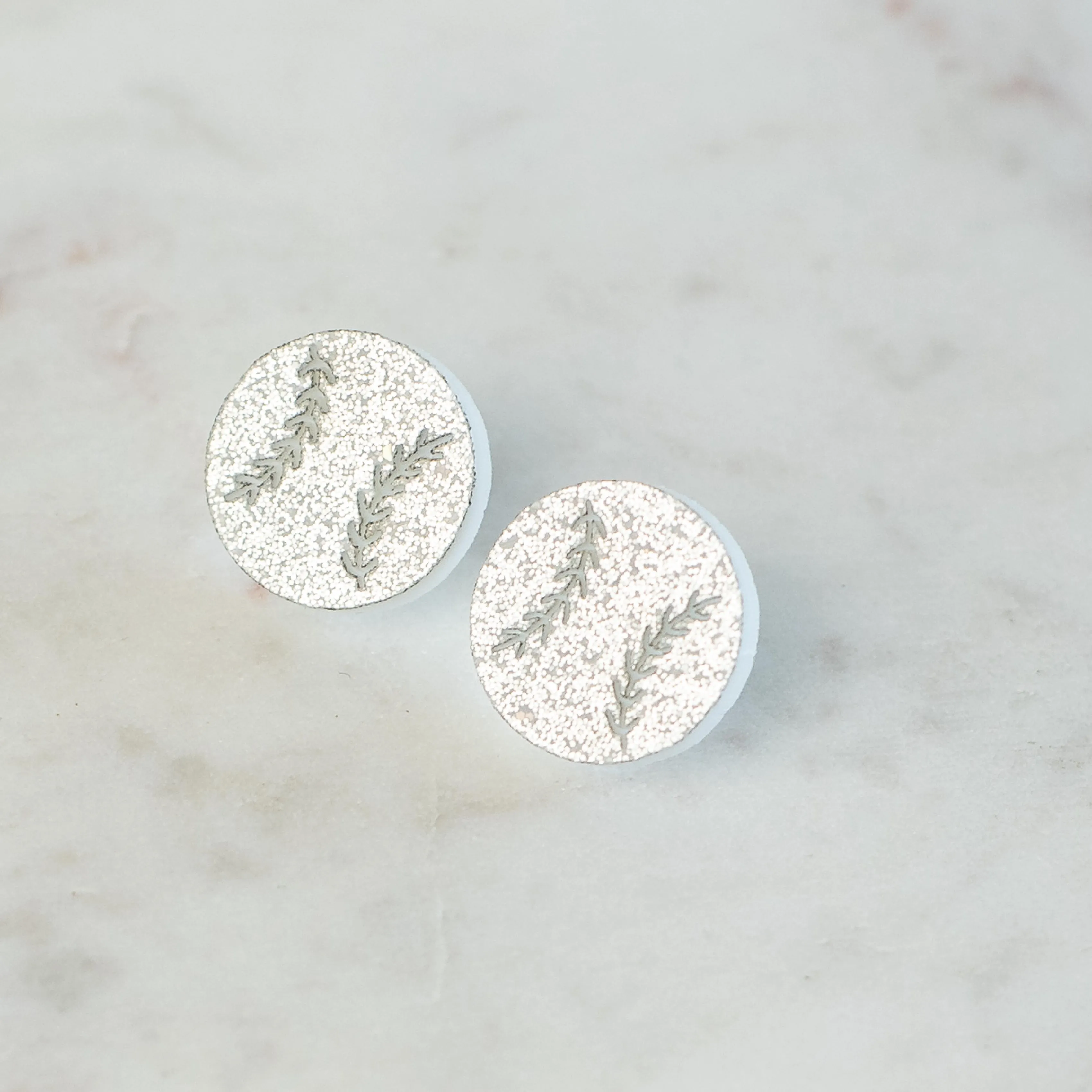 Baseball Stud Earrings in Silver Glitter