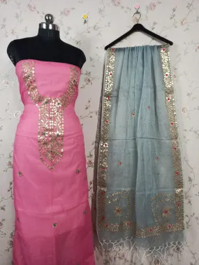 Beautiful Kota Doriya Embroidery Work Suit In pink and grey