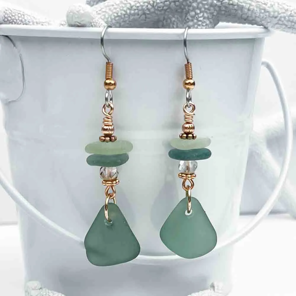 Celebratory Champagne Green Sea Glass and Swarovski Dangle Earrings | # 5074