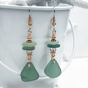 Celebratory Champagne Green Sea Glass and Swarovski Dangle Earrings | # 5074