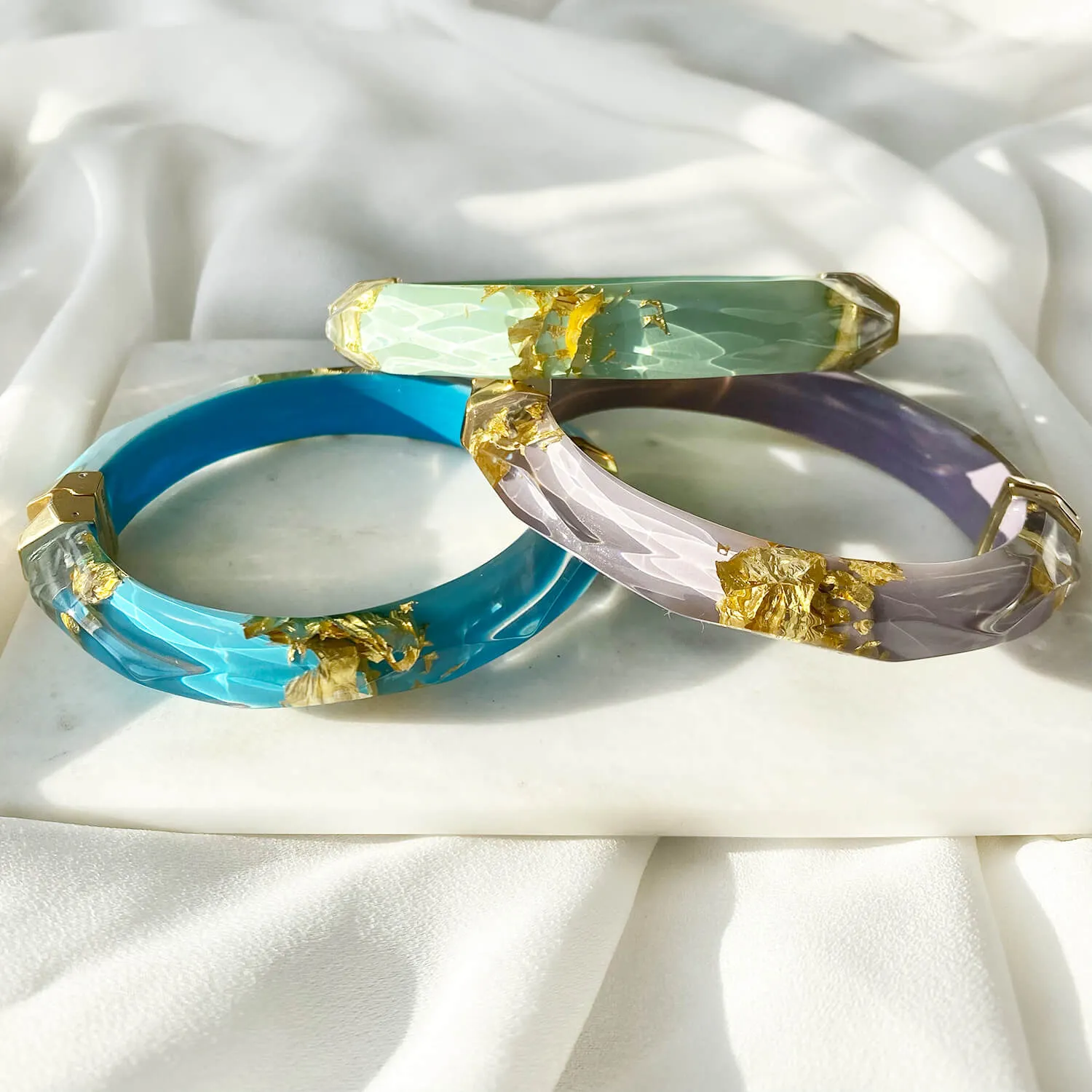 Gold Leaf Thin Faceted Lucite Bangle in Pastels