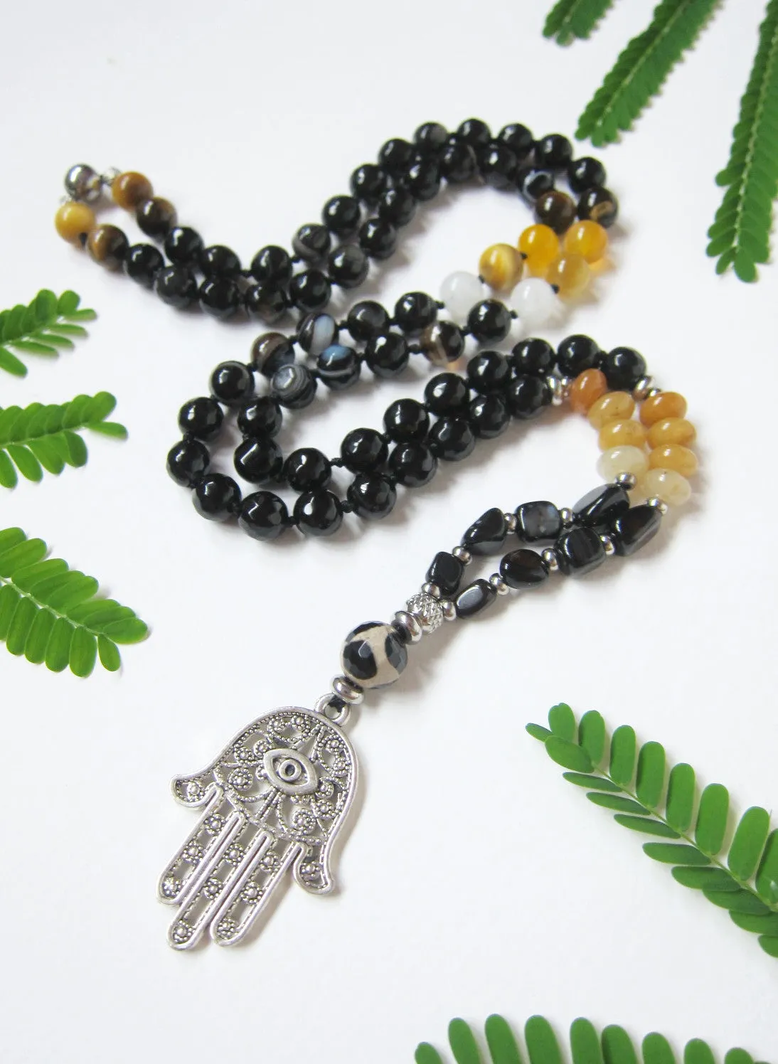 Grounding, Protection Mala in Hamsa Pendant Necklace for Him or Her