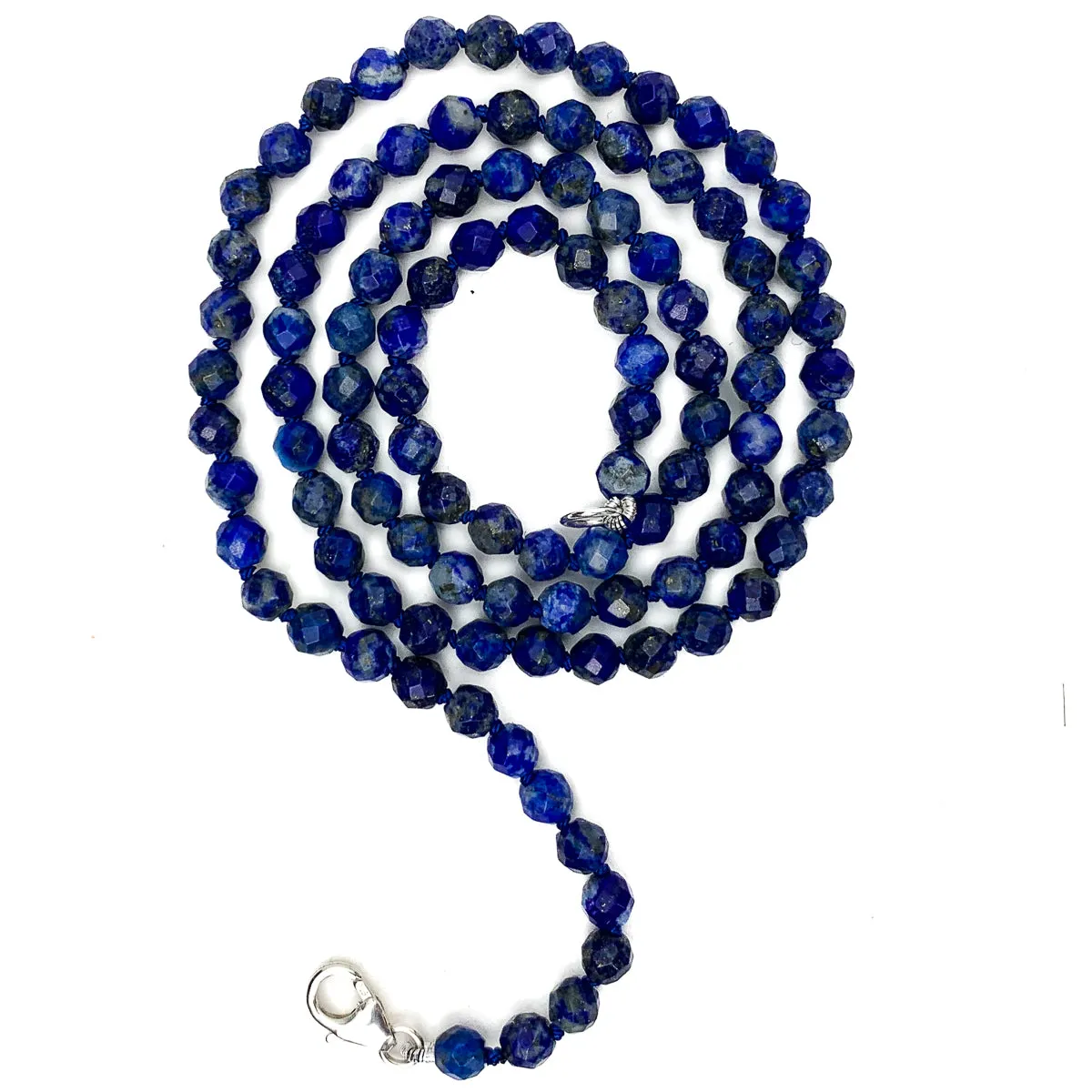 Lapis Lazuli Faceted 4mm Knotted Necklace With Sterling Silver Trigger Clasp