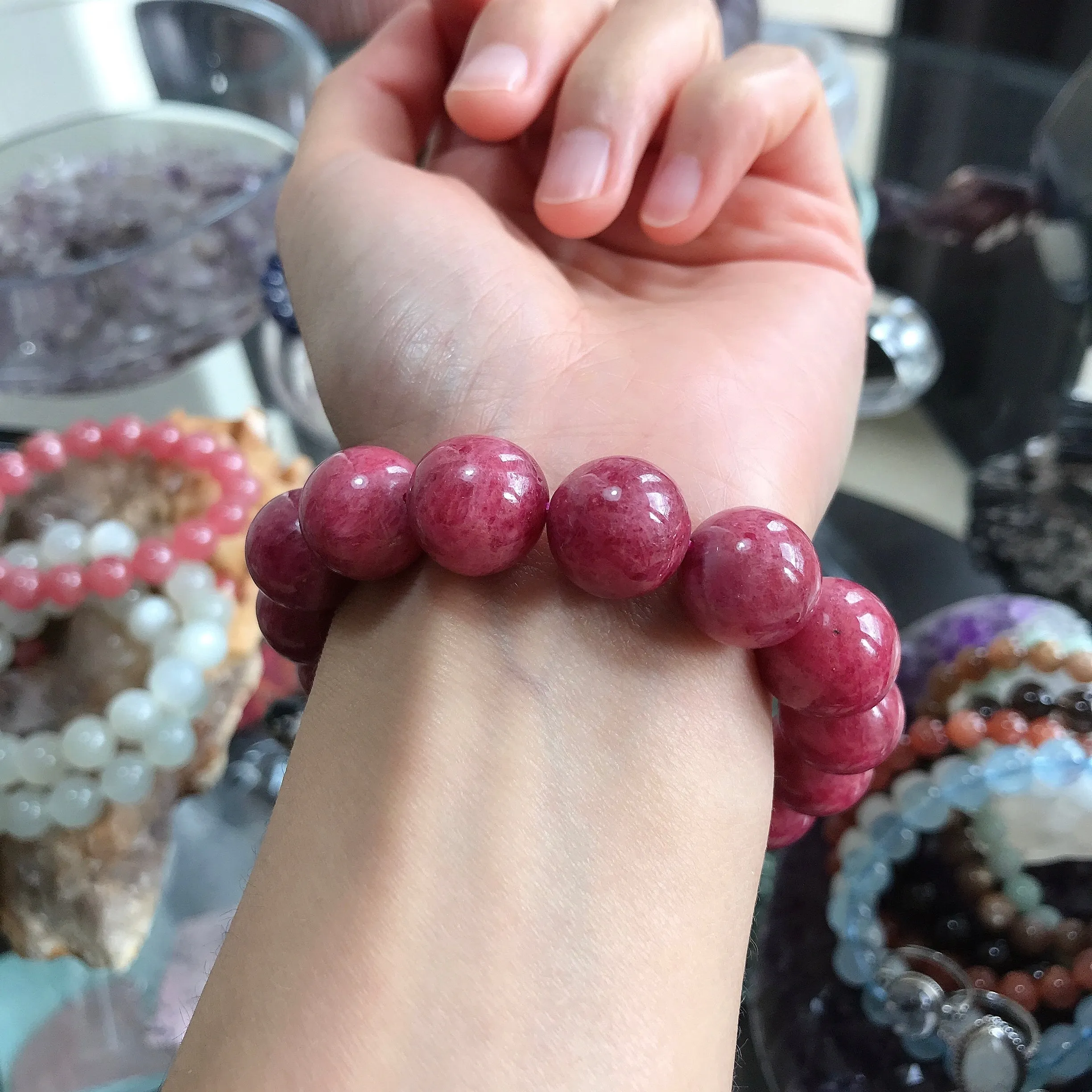 Large Beads 14.4mm Natural Rhodonite Bracelet | High-Quality Healing Stone | Heart Chakra Reiki Healing