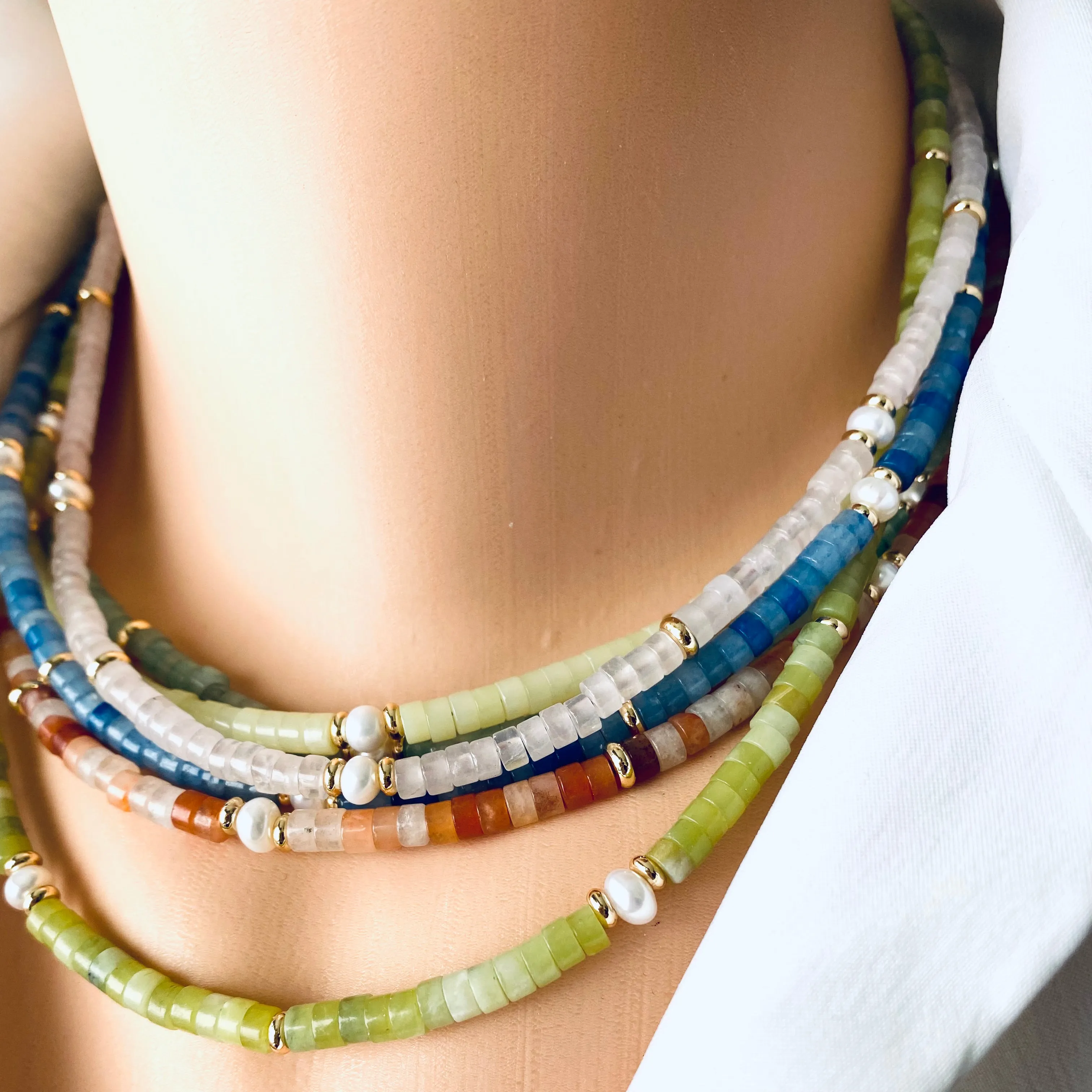 Layers of Multi Gemstones Beaded Choker Necklaces, Red, Blue & Green Aventurine, Rose Quartz, Yellow, Green Jade