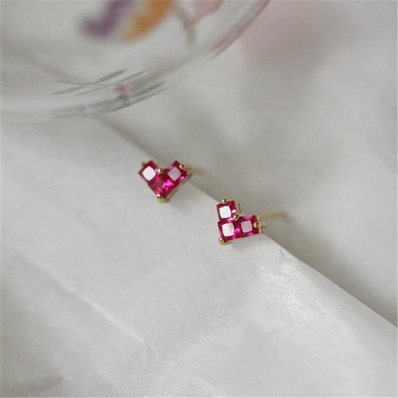 Light Luxury French Heart Ruby Stud Earrings - 925 Sterling Silver