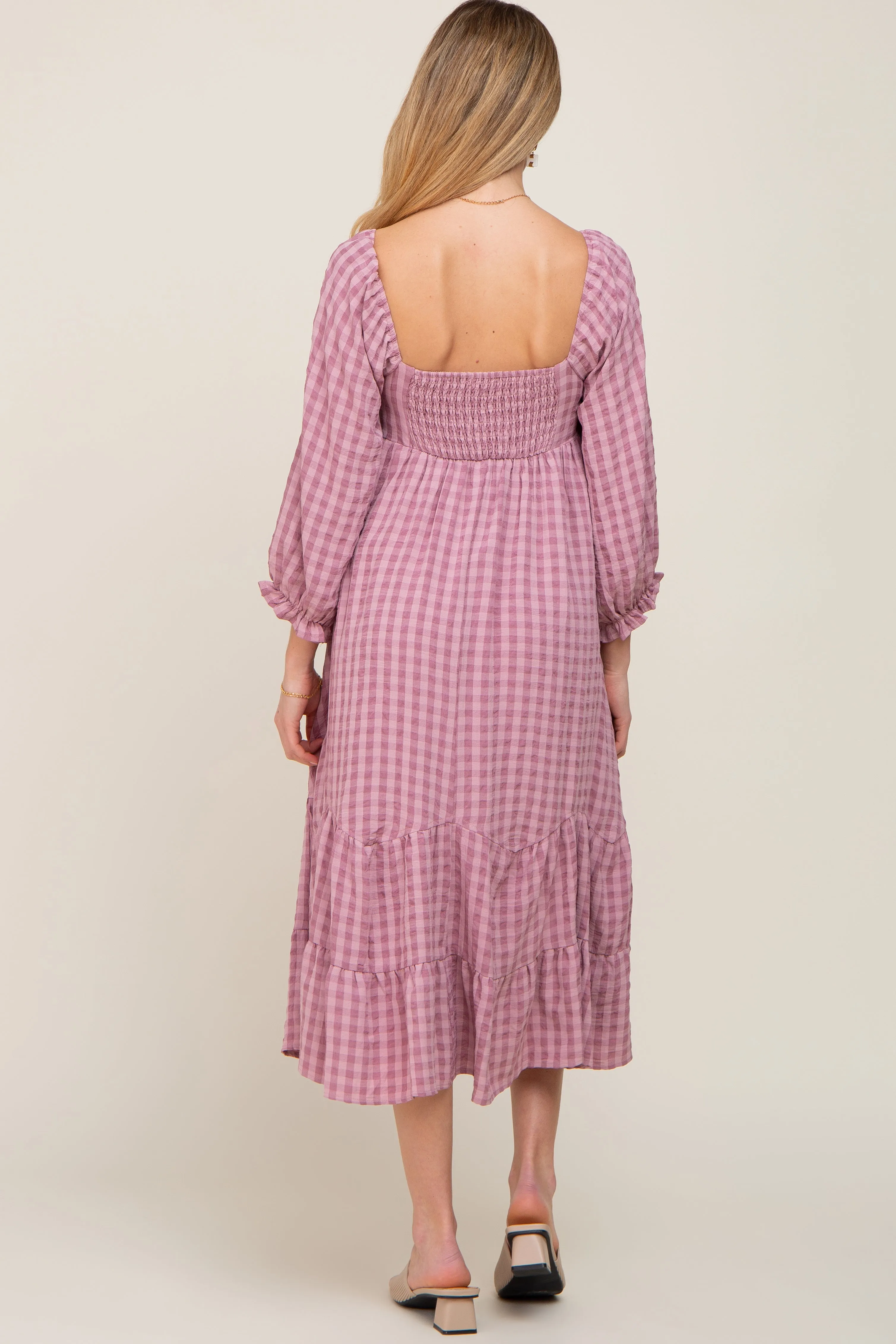 Mauve Striped 3/4 Cinched Sleeve Tiered Maternity Midi Dress