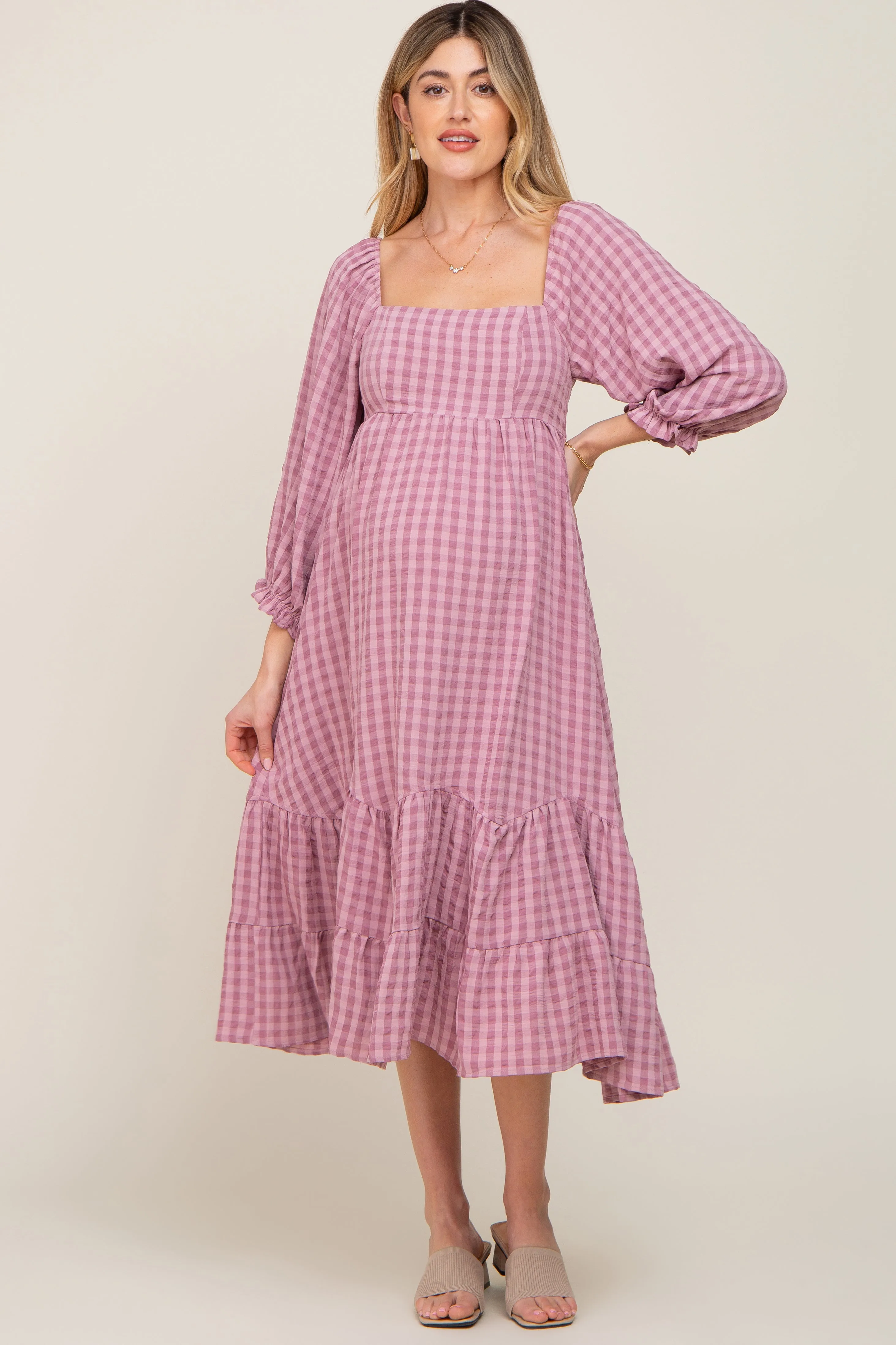 Mauve Striped 3/4 Cinched Sleeve Tiered Maternity Midi Dress