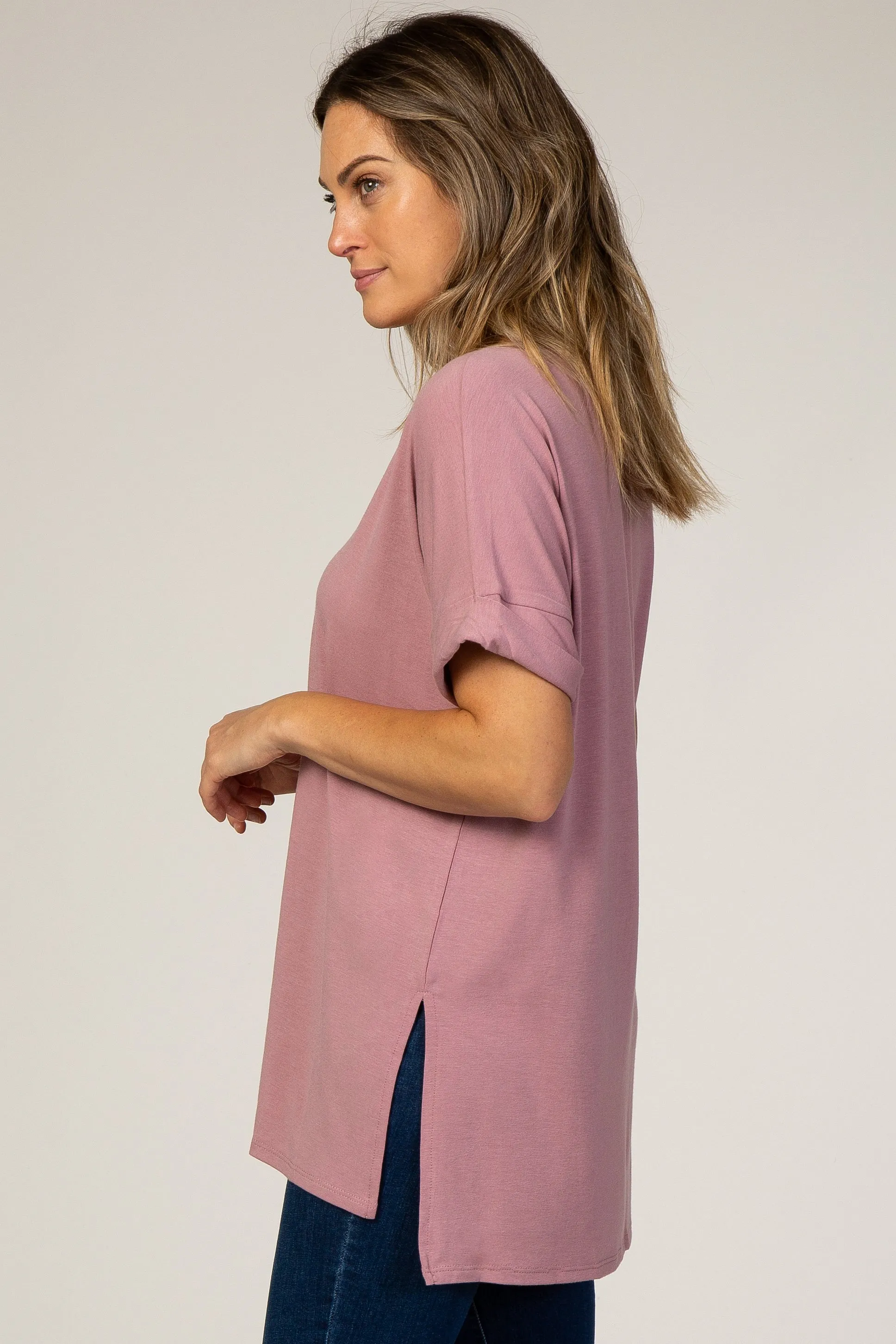 Mauve V-Neck Cuffed Short Sleeve Top