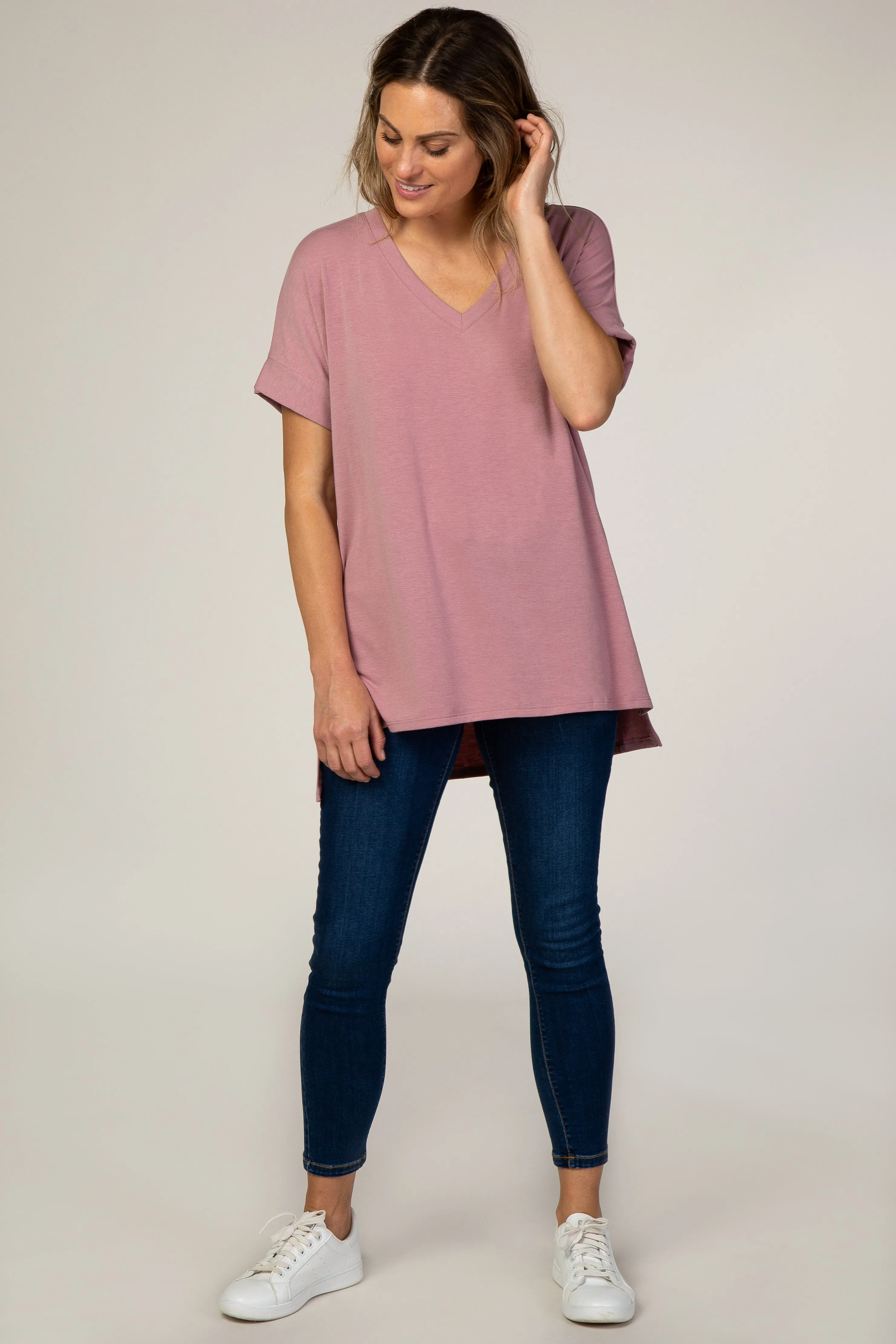 Mauve V-Neck Cuffed Short Sleeve Top