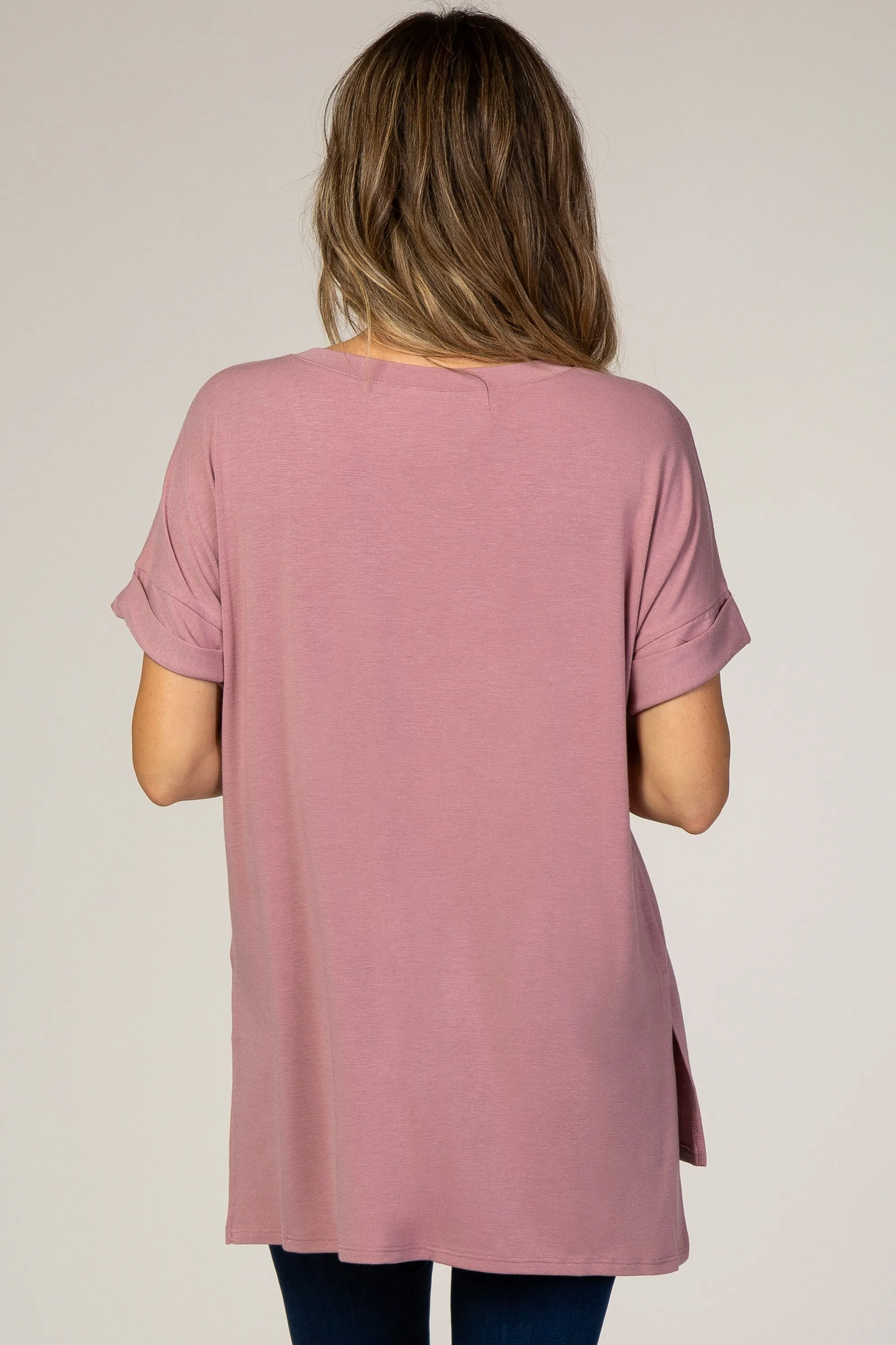 Mauve V-Neck Cuffed Short Sleeve Top