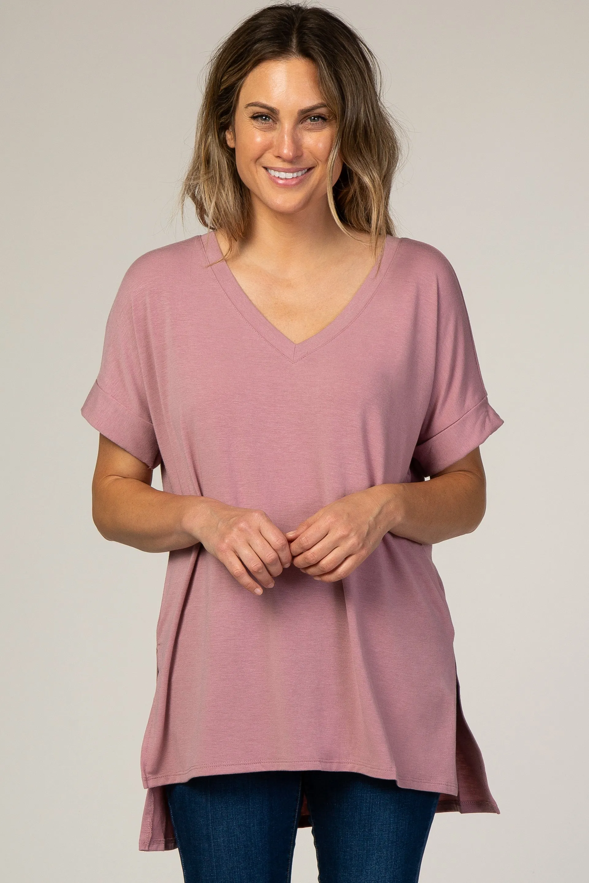 Mauve V-Neck Cuffed Short Sleeve Top