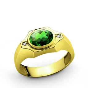 Men's Diamonds Ring with Green Emerald in 14k Yellow Gold