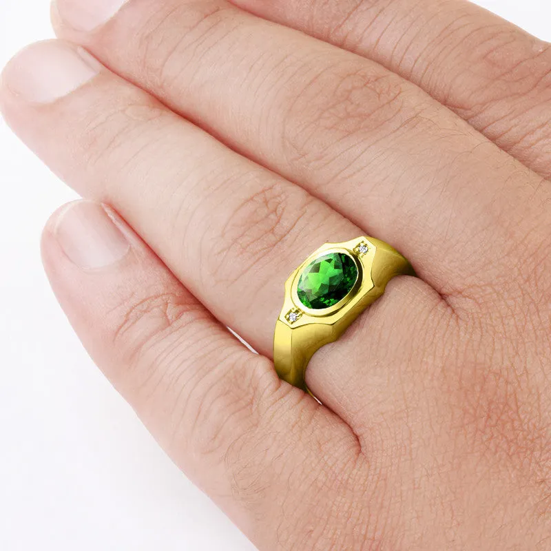 Men's Diamonds Ring with Green Emerald in 14k Yellow Gold