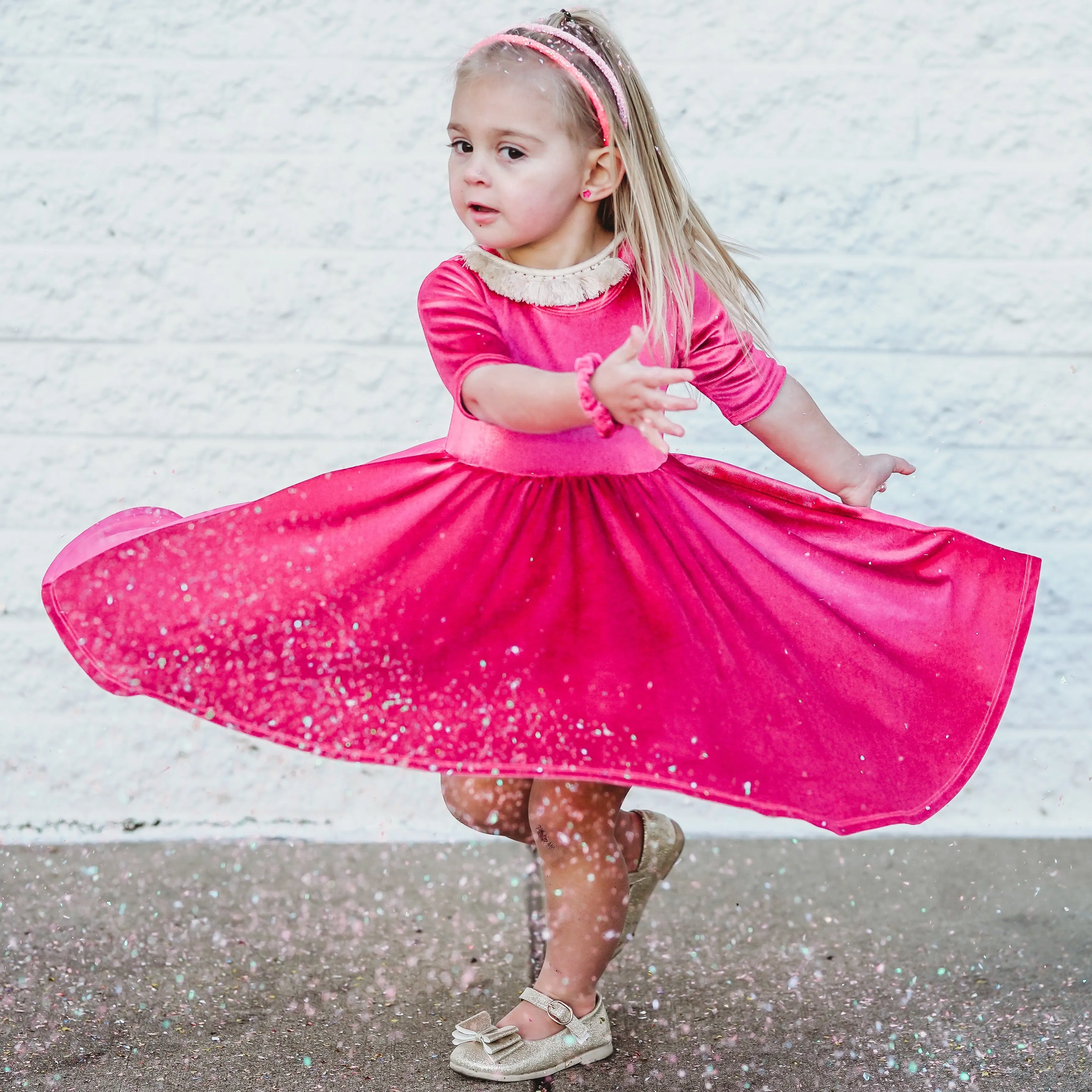 MID SLEEVE- Pink Opal (Hot Pink) Stretch Velvet Twirl Dress