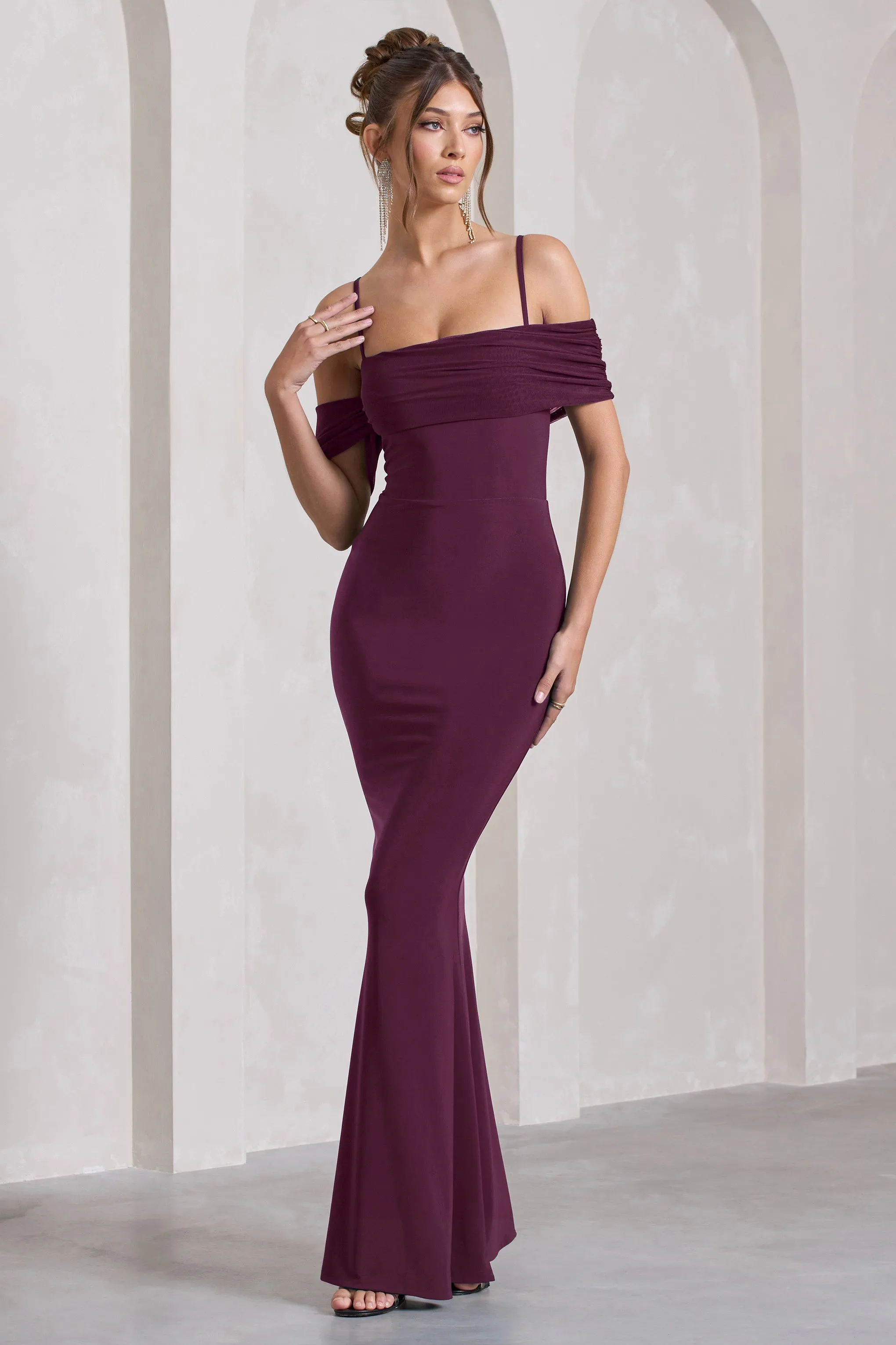 Miracle | Plum Strappy Mesh Bardot Maxi Dress