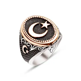 Moon and Star on Ellipse Silver Men’s Ring Siding Bush Pattern and Dimond Pattern and Moon and Star