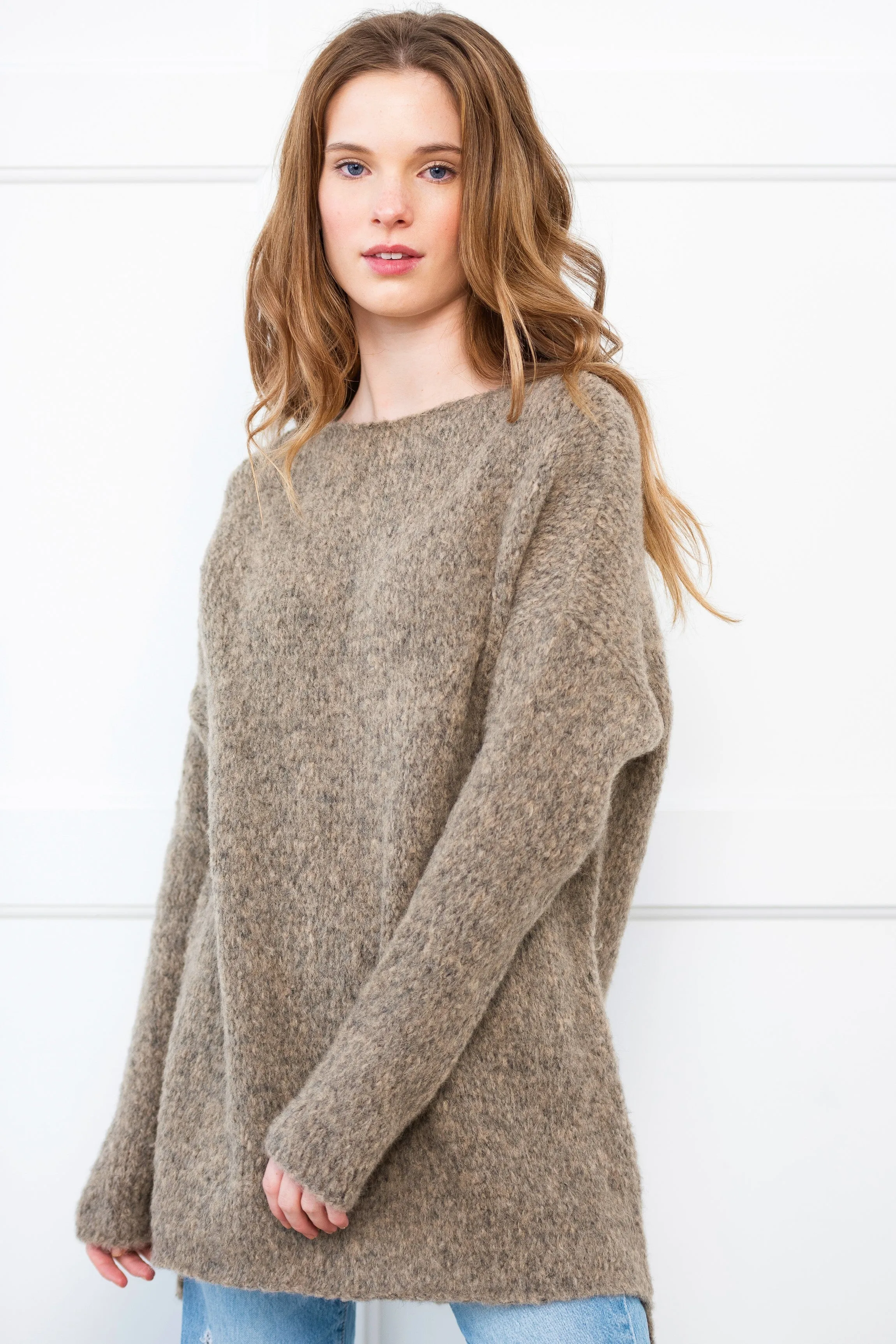 Oatmeal Peruvian Alpaca oversized knit sweater.