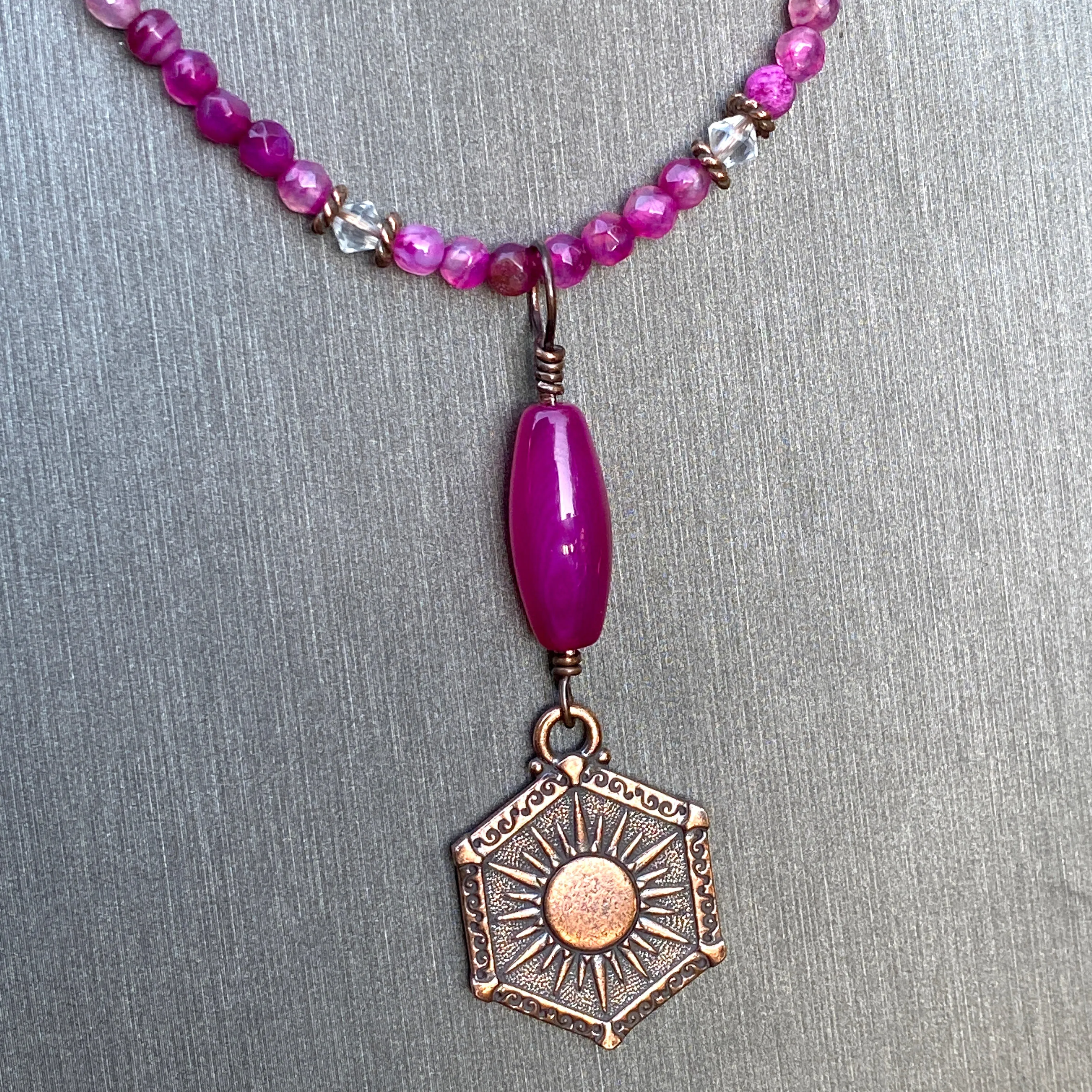 Pink Agate, Quartz gemstones, Copper Sun and Moon necklace