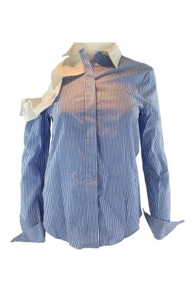 PINKO White Collar Blue Stripes Off Shoulder Shirt (UK 8)