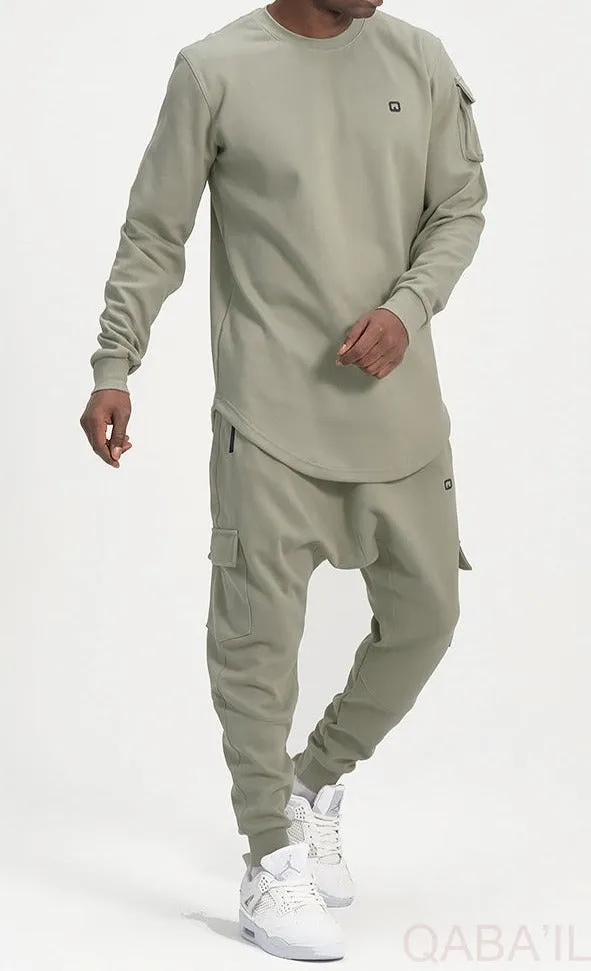 QL Sniper Set Cargo Joggers and Longline Top in Almond Green