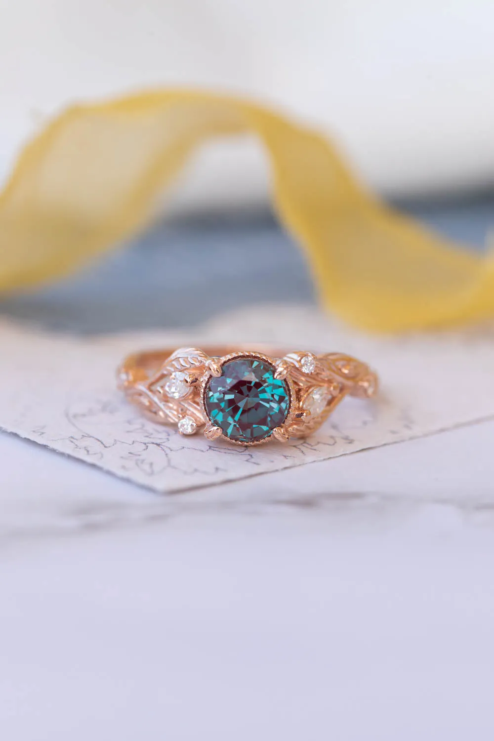 READY TO SHIP: Patricia in 14K rose gold, lab alexandrite round cut 6.5 mm, moissanites, AVAILABLE RING SIZES 6-8US