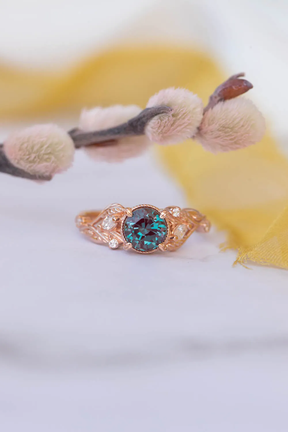 READY TO SHIP: Patricia in 14K rose gold, lab alexandrite round cut 6.5 mm, moissanites, AVAILABLE RING SIZES 6-8US