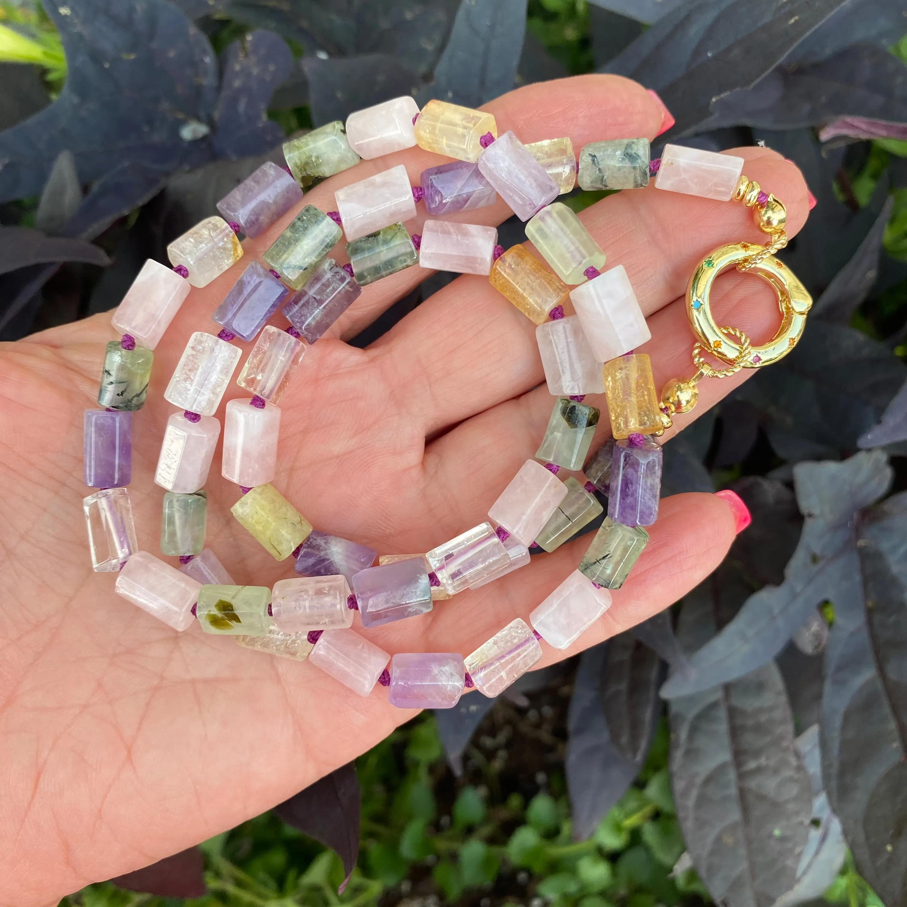 Rose Quartz, Amethyst, Citrine & Prehnite Mixed Gemstone Necklace with Spring Gate Charm Holder, Gold Plated, 23or 24.5in