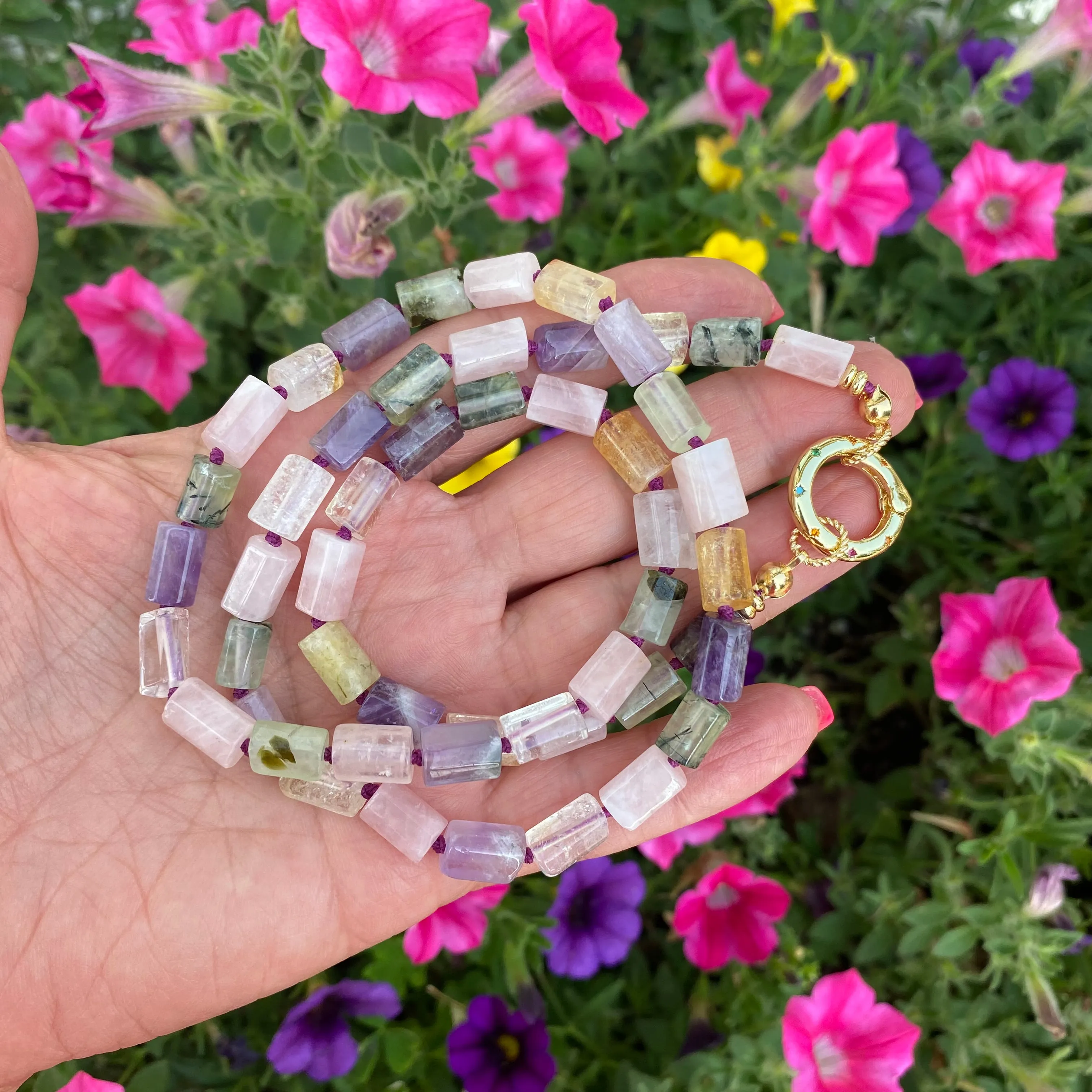 Rose Quartz, Amethyst, Citrine & Prehnite Mixed Gemstone Necklace with Spring Gate Charm Holder, Gold Plated, 23or 24.5in