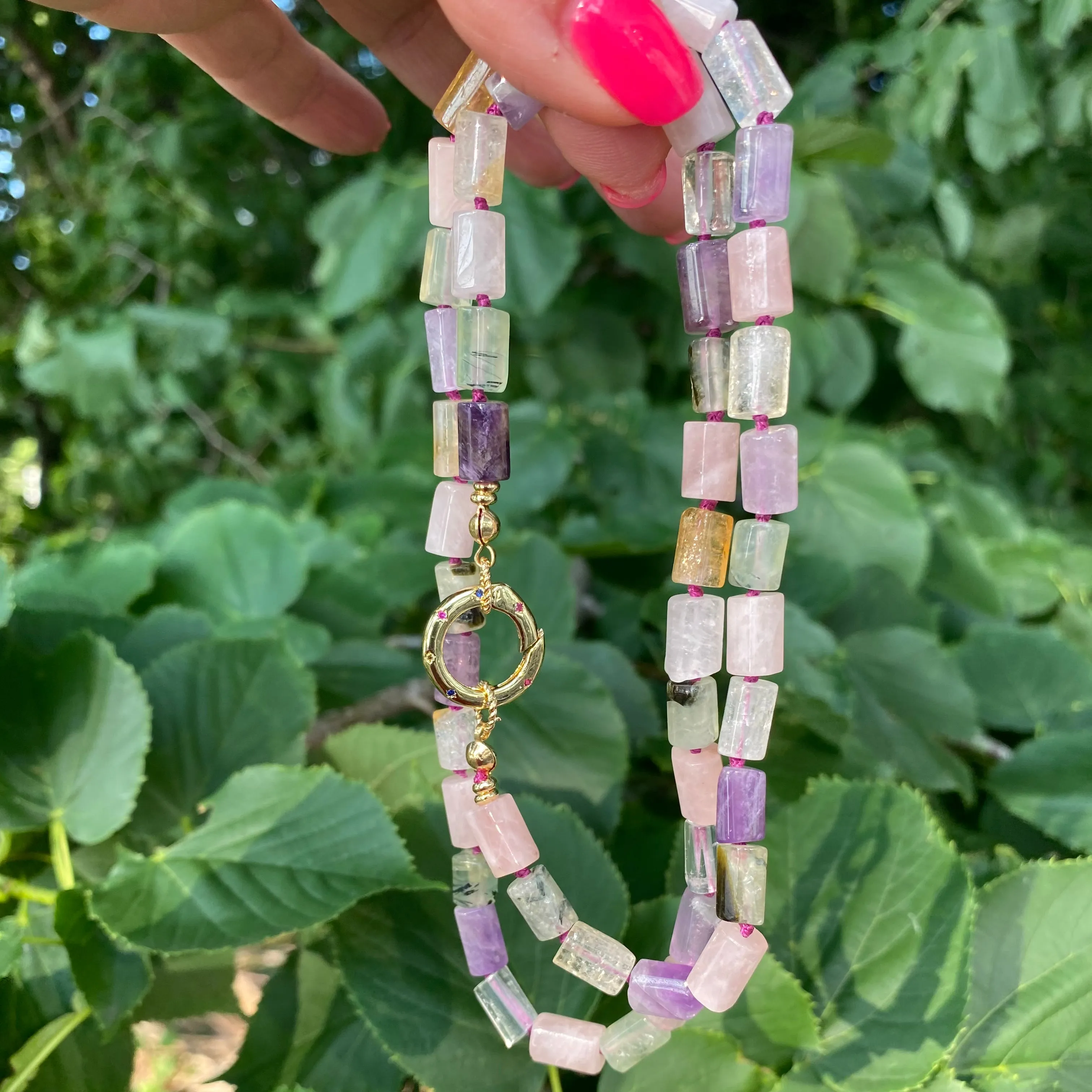 Rose Quartz, Amethyst, Citrine & Prehnite Mixed Gemstone Necklace with Spring Gate Charm Holder, Gold Plated, 23or 24.5in