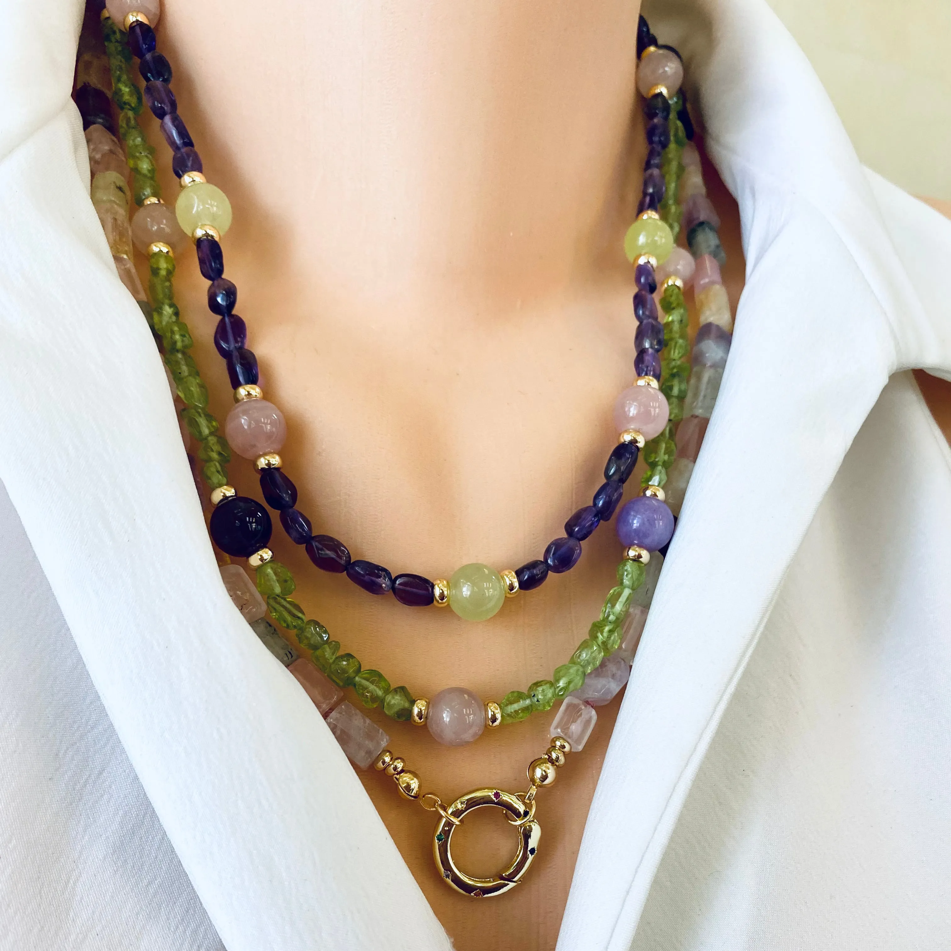 Rose Quartz, Amethyst, Citrine & Prehnite Mixed Gemstone Necklace with Spring Gate Charm Holder, Gold Plated, 23or 24.5in