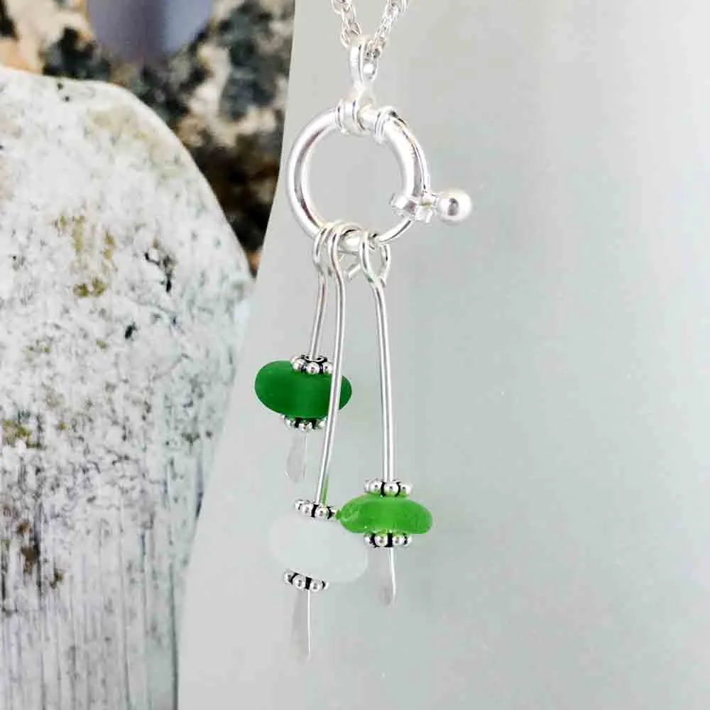 Shimmering Green Leaves Sea Glass Sea Spray Sterling Silver Necklace | #1657