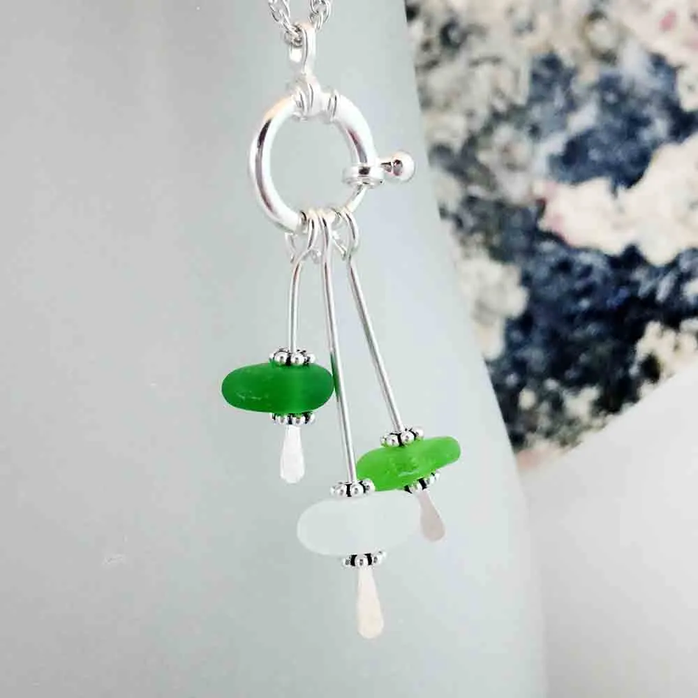 Shimmering Green Leaves Sea Glass Sea Spray Sterling Silver Necklace | #1657