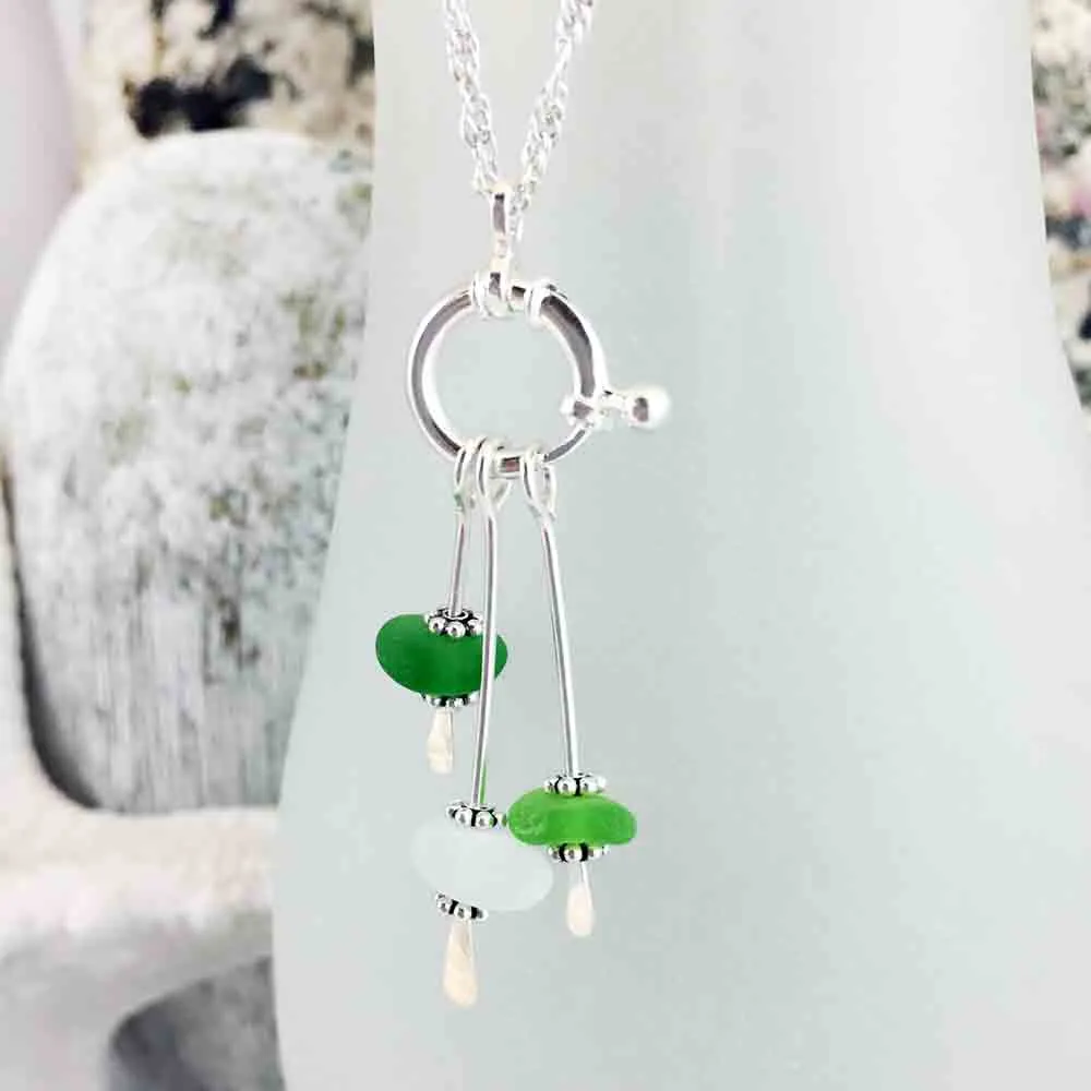 Shimmering Green Leaves Sea Glass Sea Spray Sterling Silver Necklace | #1657