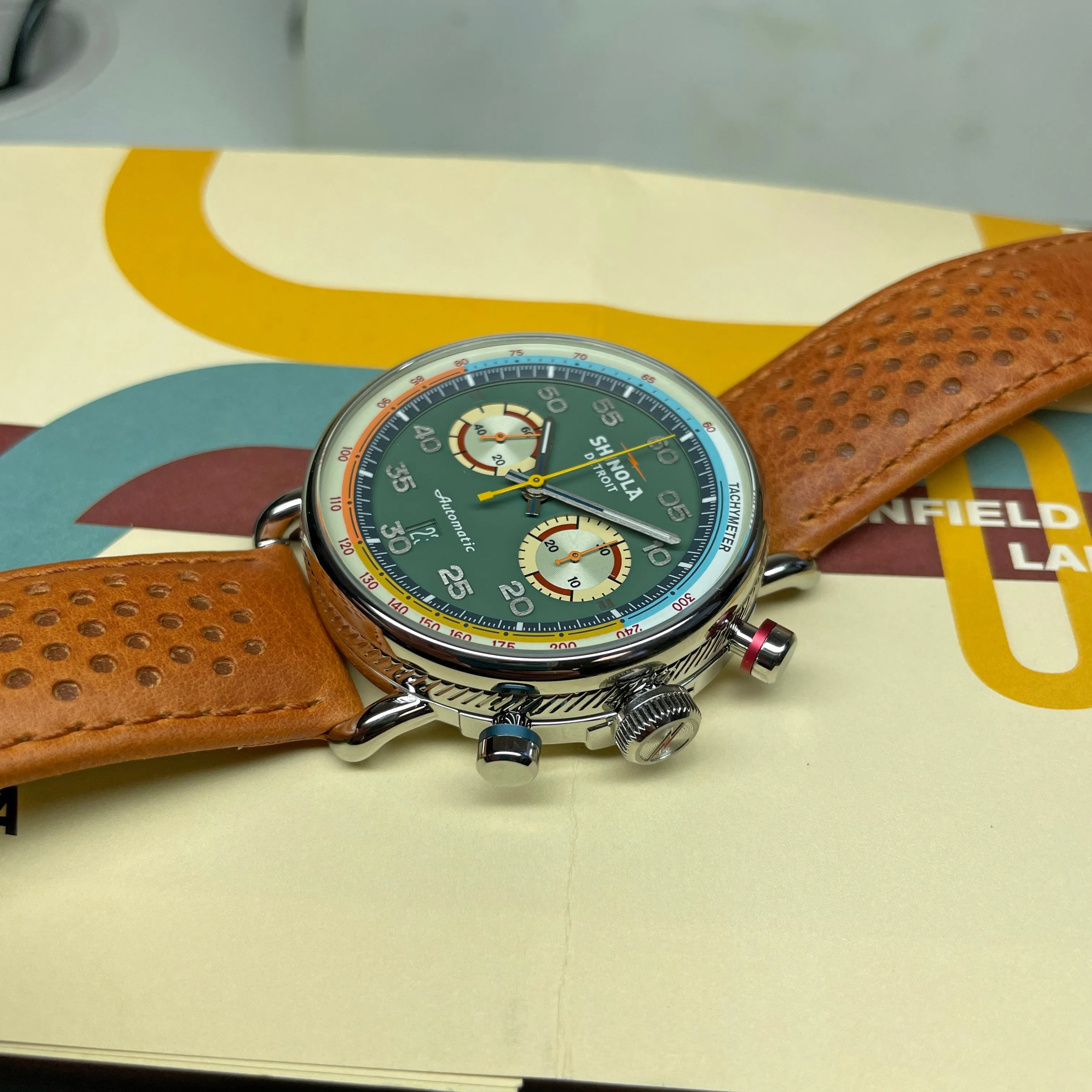 Shinola 44MM Limited Edition Canfield Speedway Pea Gravel Green Brown Leather Watch S20267678 Lap 06