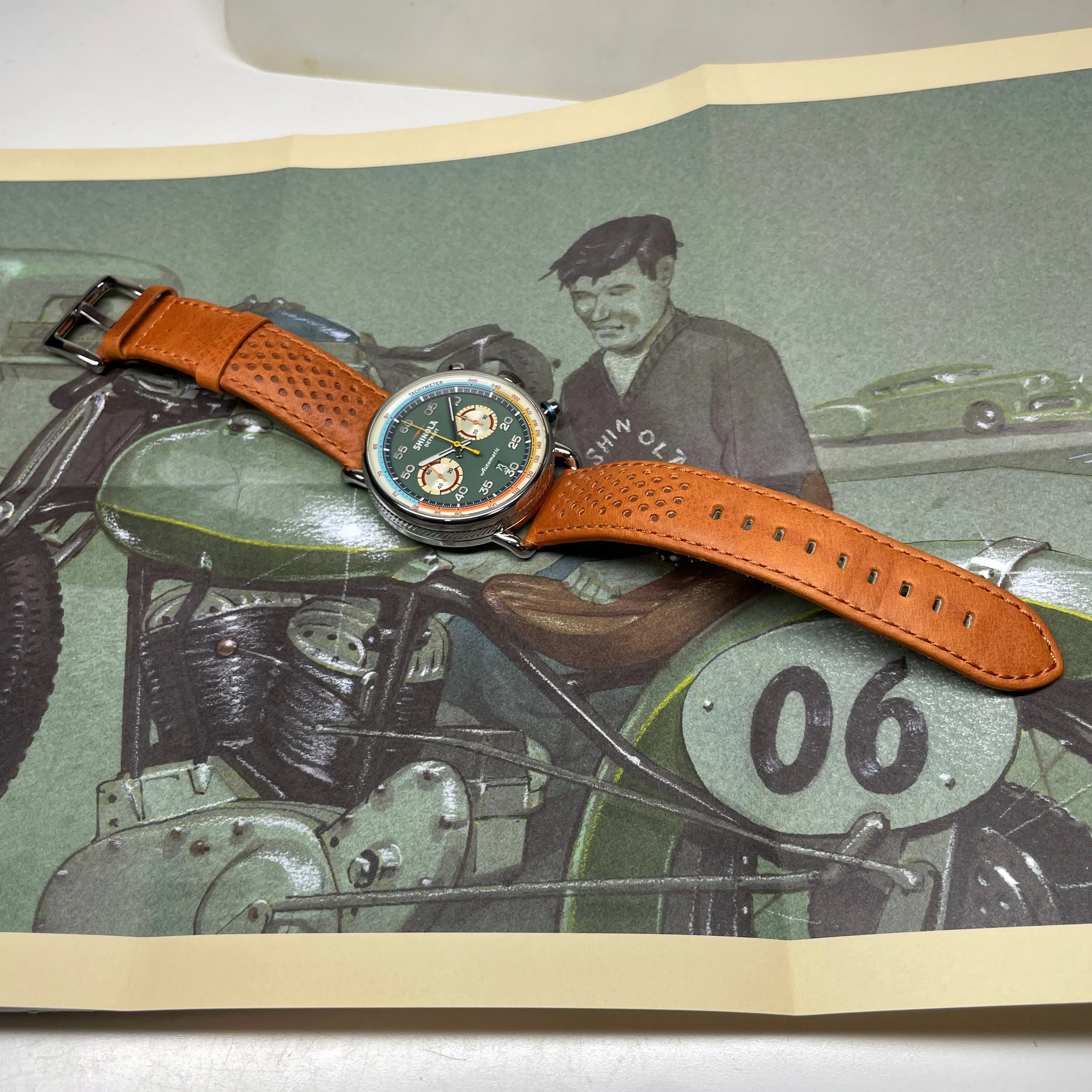 Shinola 44MM Limited Edition Canfield Speedway Pea Gravel Green Brown Leather Watch S20267678 Lap 06