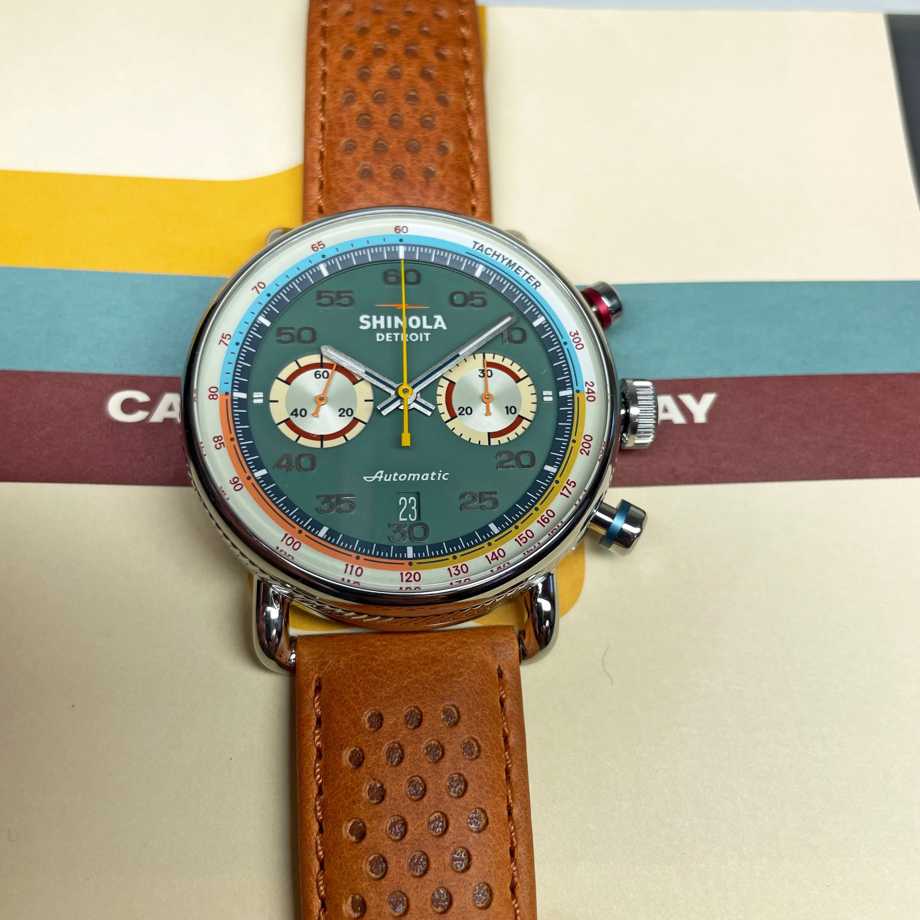 Shinola 44MM Limited Edition Canfield Speedway Pea Gravel Green Brown Leather Watch S20267678 Lap 06