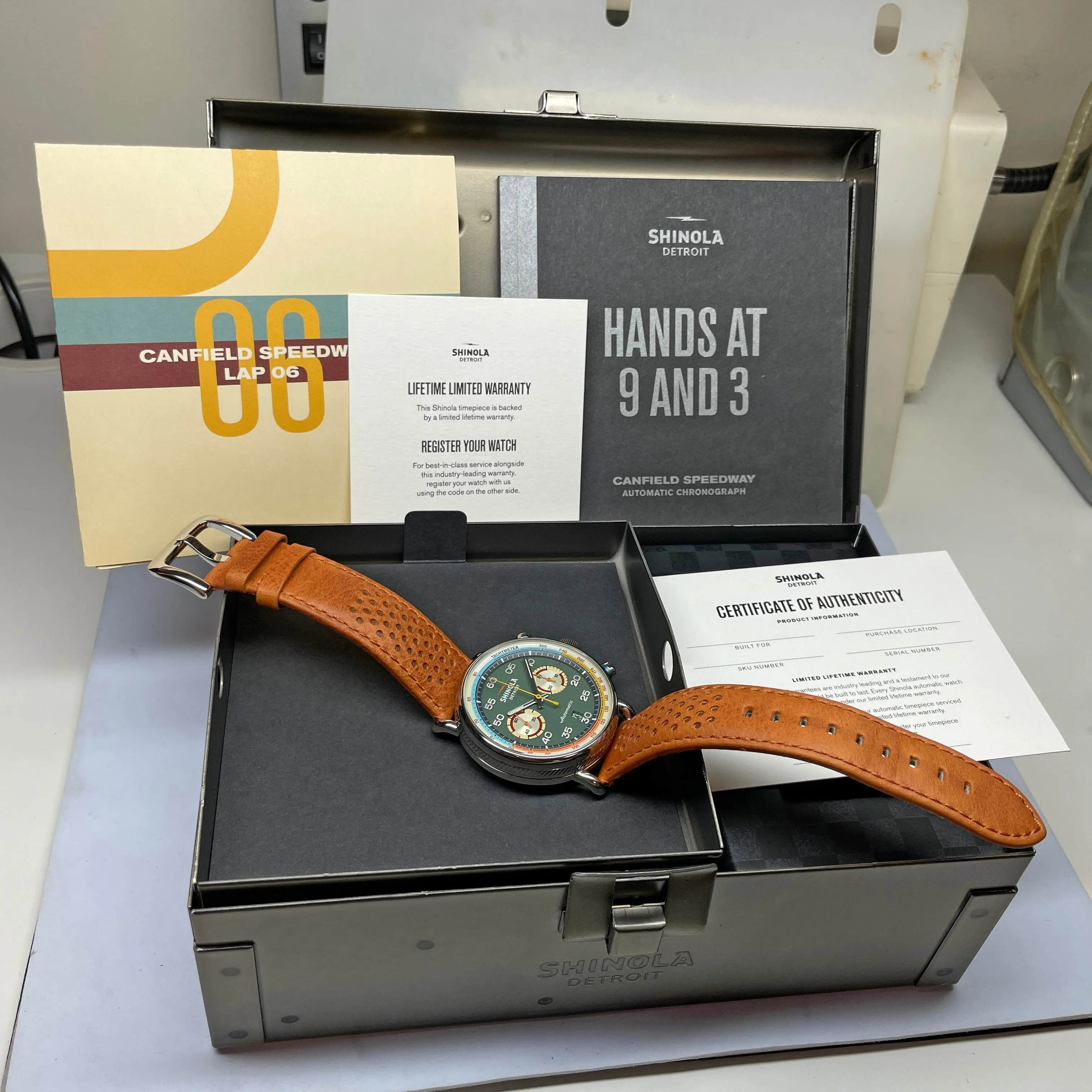 Shinola 44MM Limited Edition Canfield Speedway Pea Gravel Green Brown Leather Watch S20267678 Lap 06