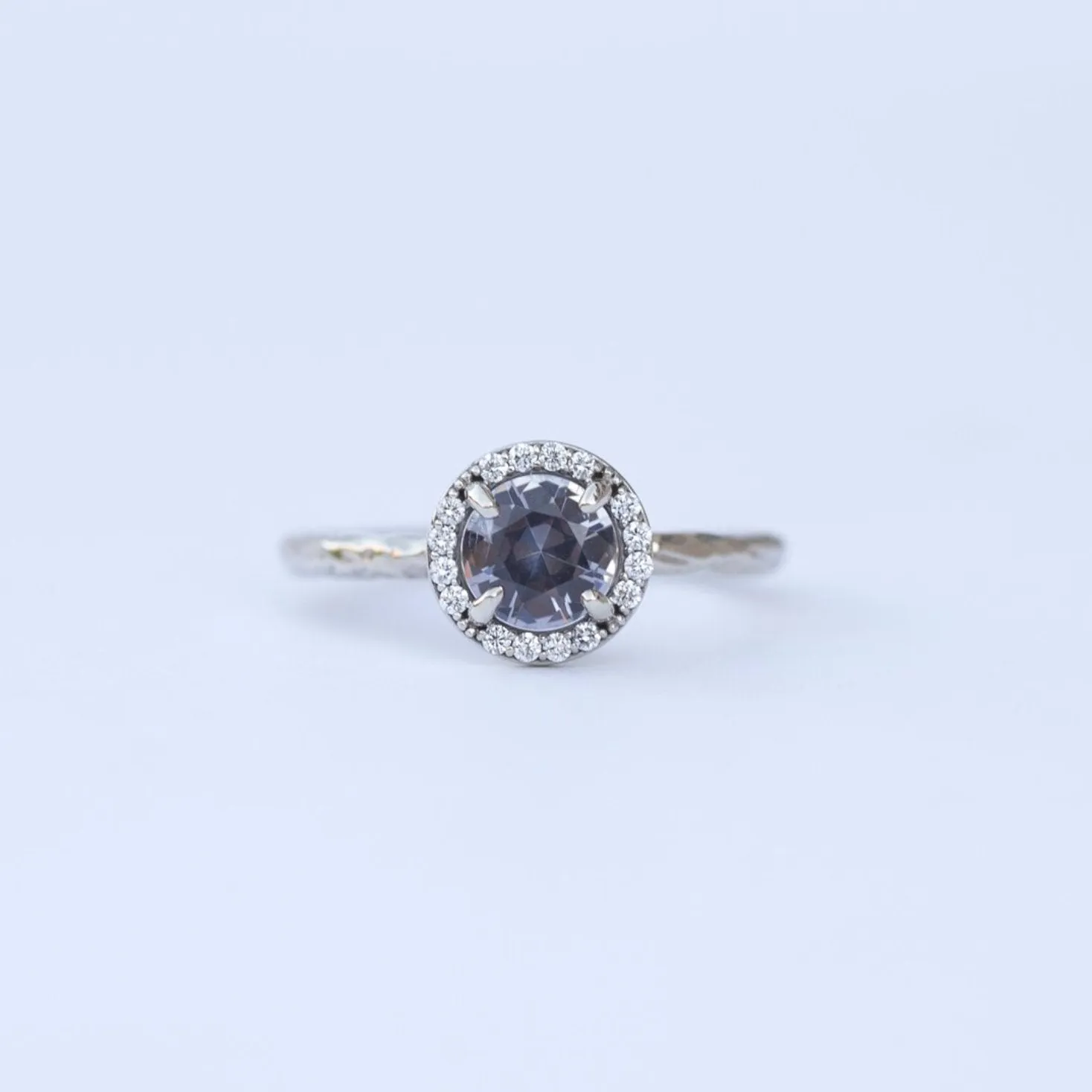 Silver Grey Spinel in White Gold Diamond Halo - Hand Carved Eclectic Band and Antique-inspired setting - Spinel Engagement Ring by Anueva Jewelry