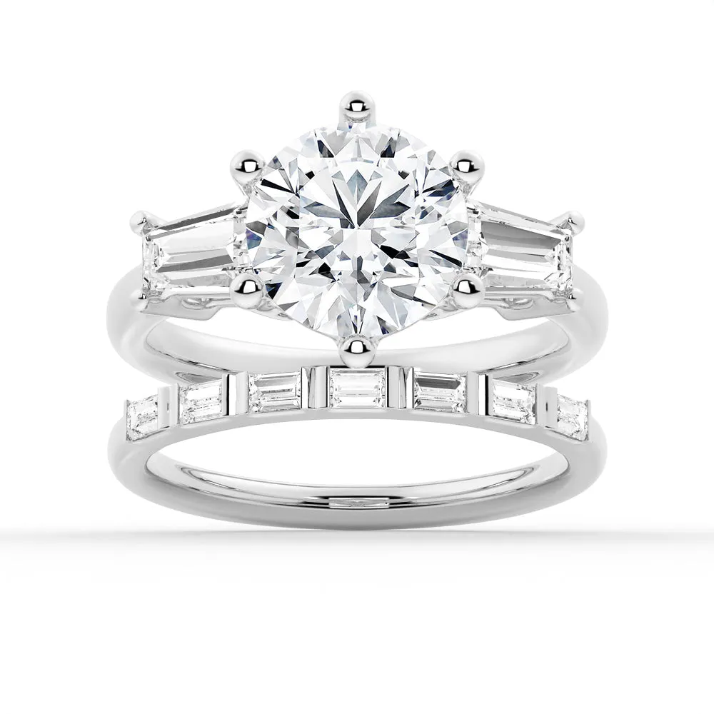 Tapered Baguette Three Stone Bridal Set with Men's Wedding Band