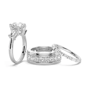 Tapered Baguette Three Stone Bridal Set with Men's Wedding Band